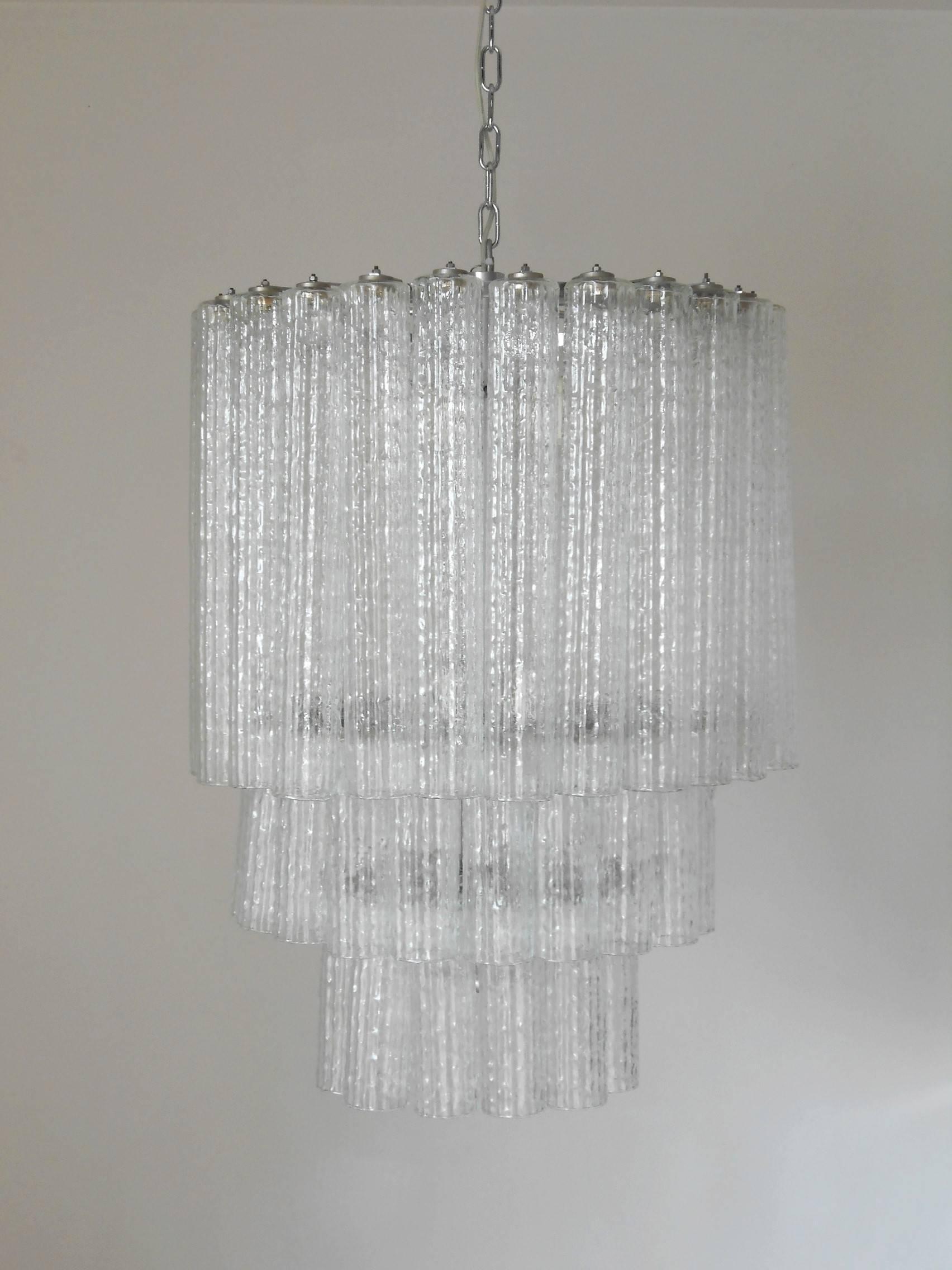 Textured Murano glass tubes hanging from chrome frame.

Ten-light sockets / Wired for the US.
