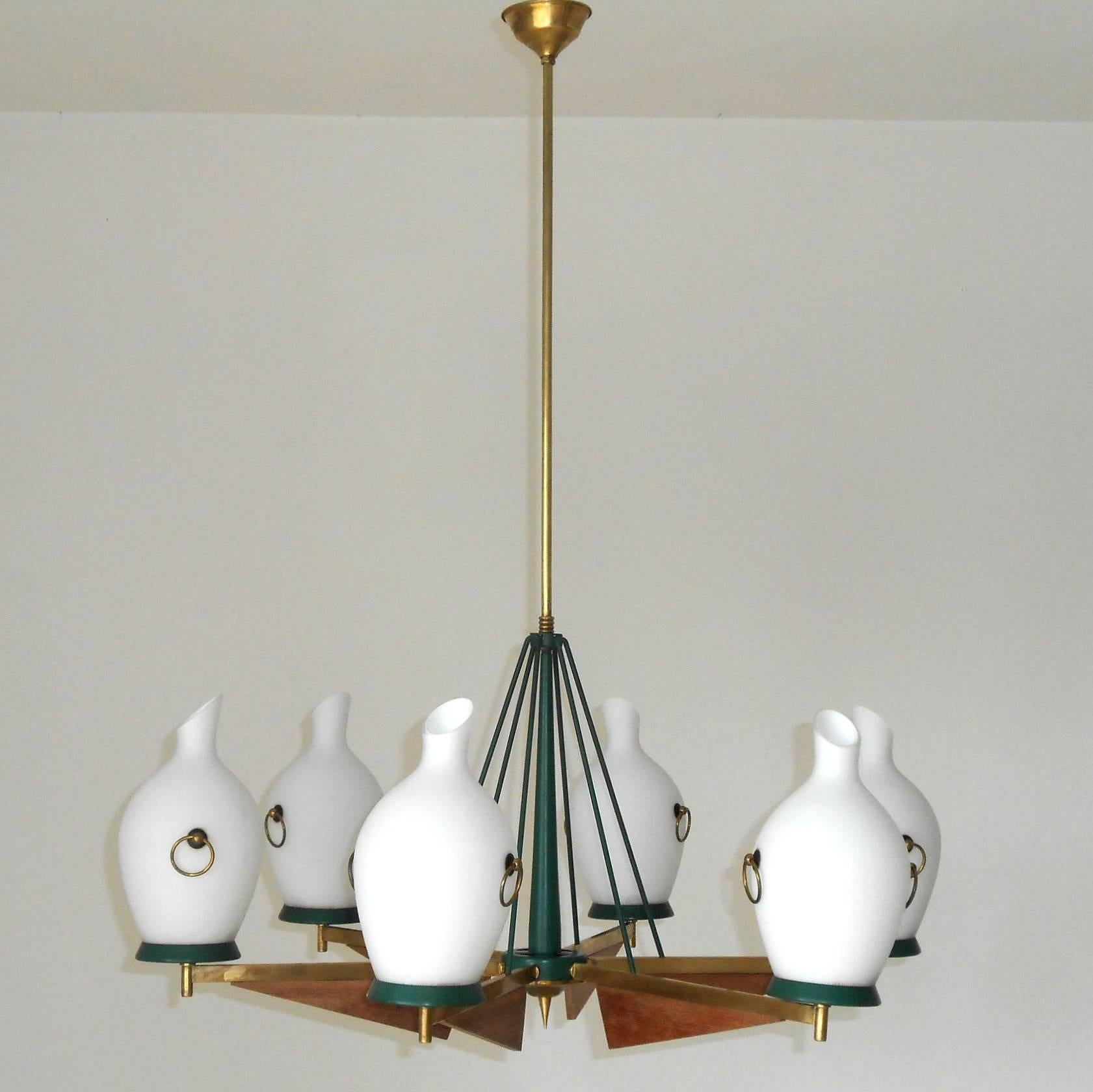 Teak and Brass Chandelier with Frosted Shades by Stilnovo In Excellent Condition In Los Angeles, CA