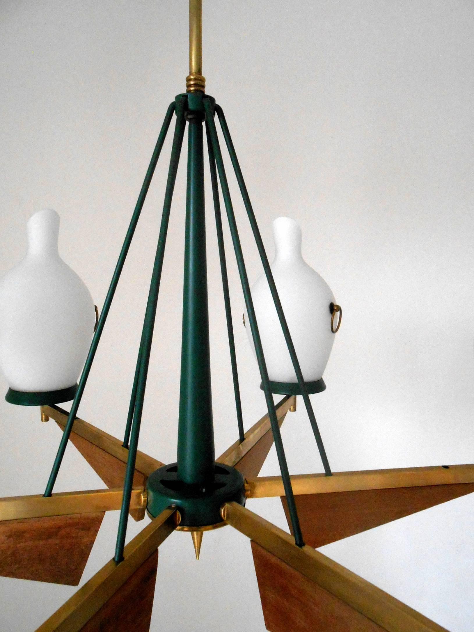 20th Century Teak and Brass Chandelier with Frosted Shades by Stilnovo