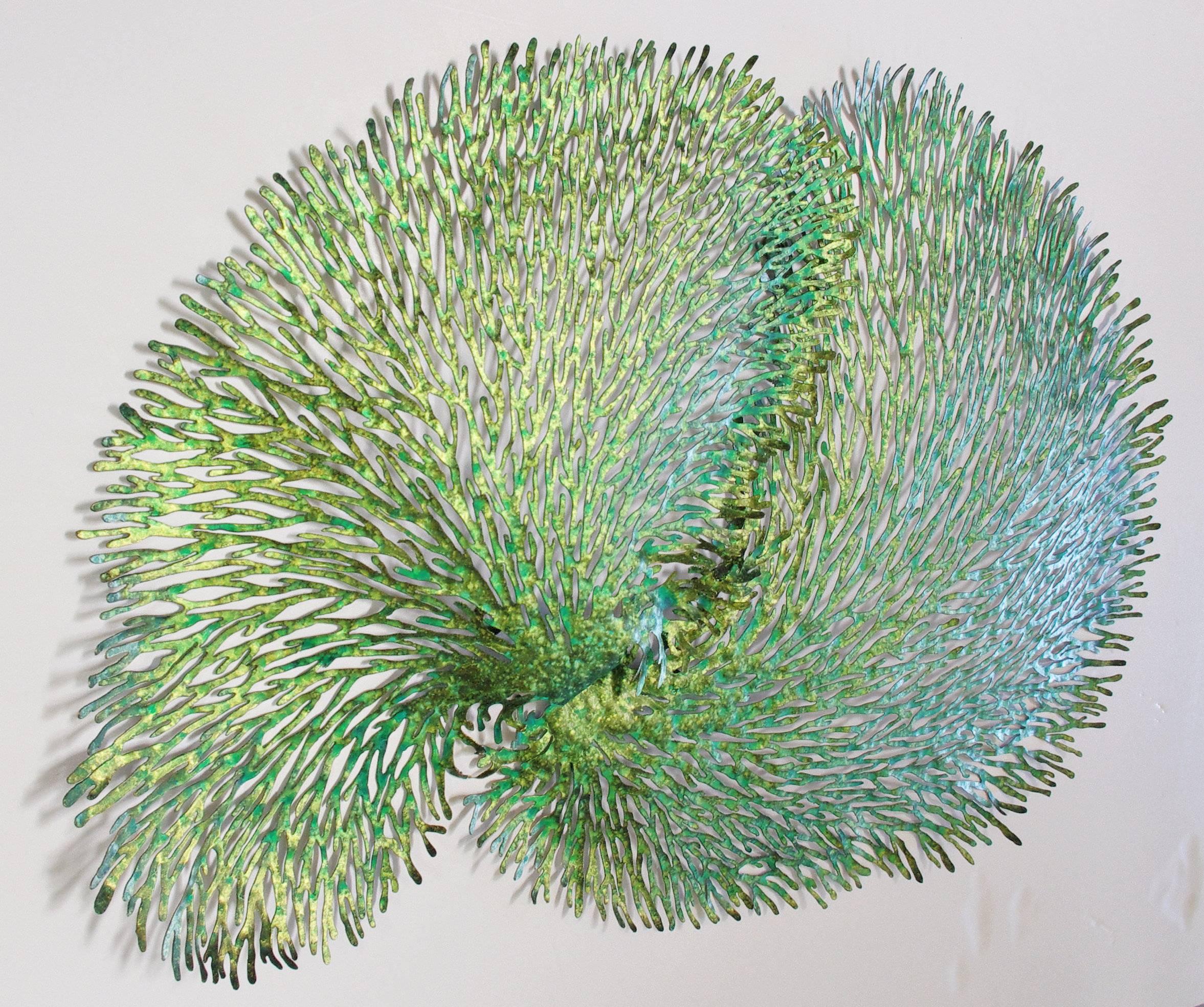 Green and gold iron coral wall sculpture designed by Fabio Bergomi for Fabio Ltd 
1 in stock in Palm Springs currently ON SALE for $1,349 !!
Depth: 4 inches / Width: 45 inches / Height: 30 inches
Order Reference : SC1
This piece makes for great and