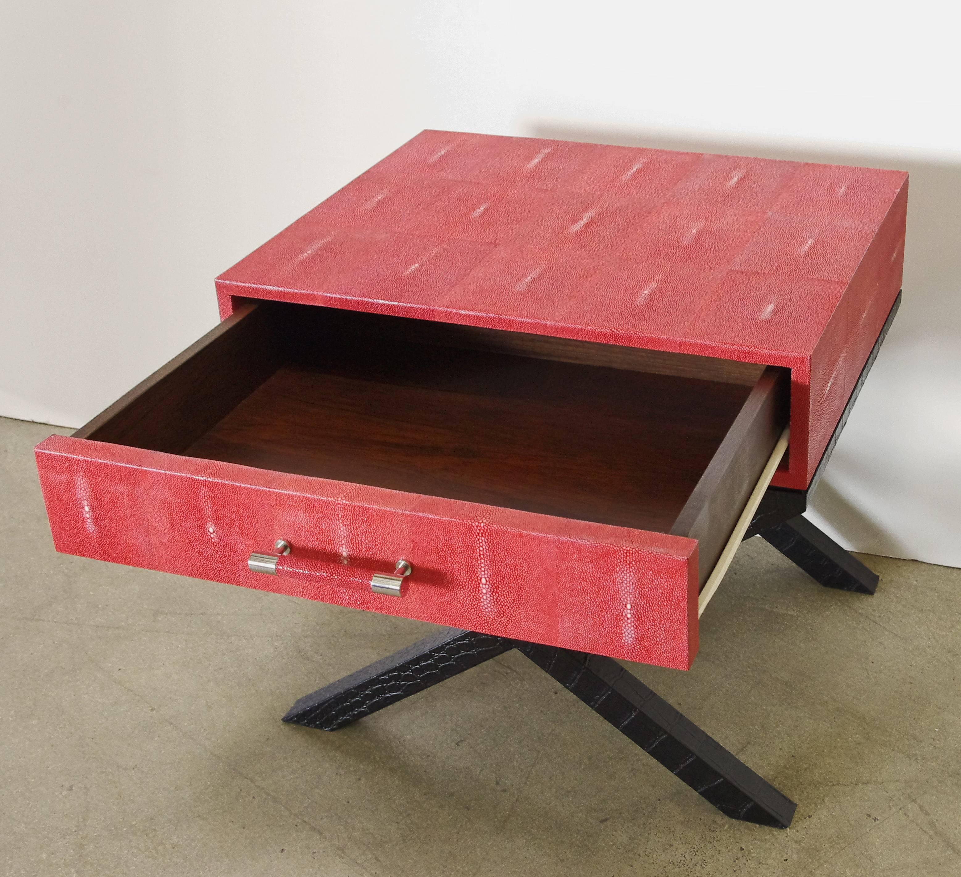 Pair of Italian Red Shagreen and Black Leather Side Tables In Excellent Condition In Los Angeles, CA