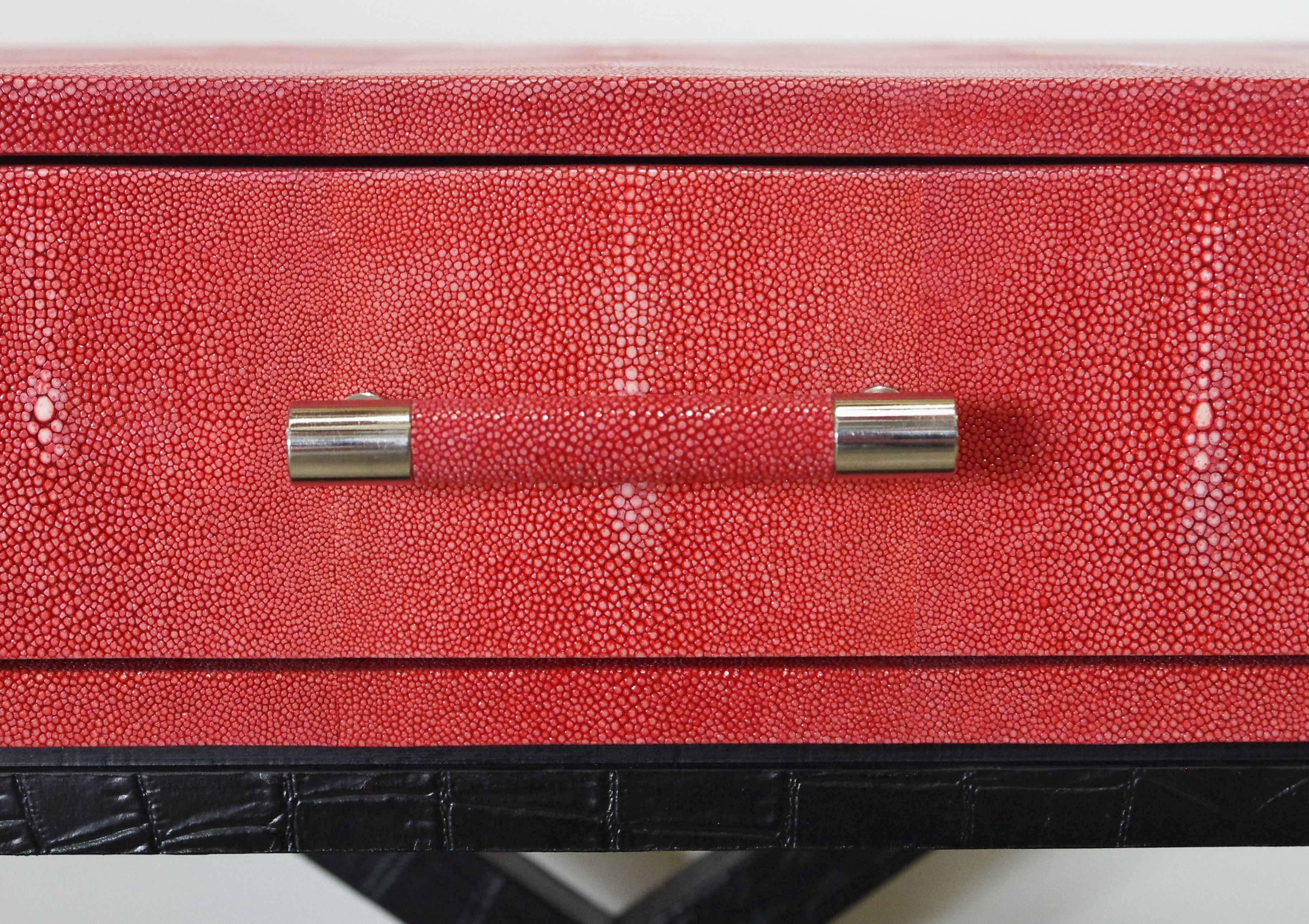 Pair of Italian Red Shagreen and Black Leather Side Tables 1