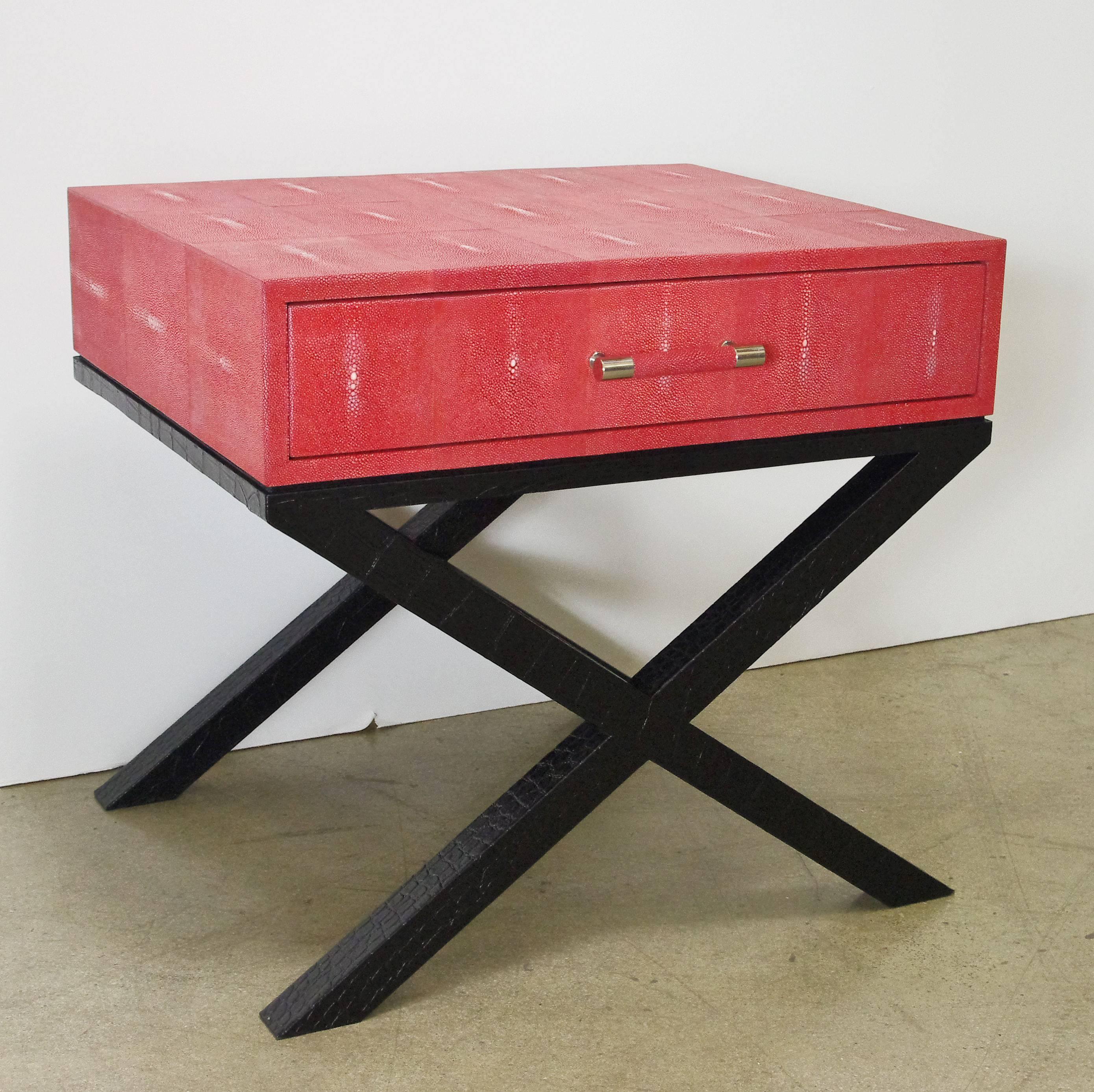 Modern Pair of Italian Red Shagreen and Black Leather Side Tables