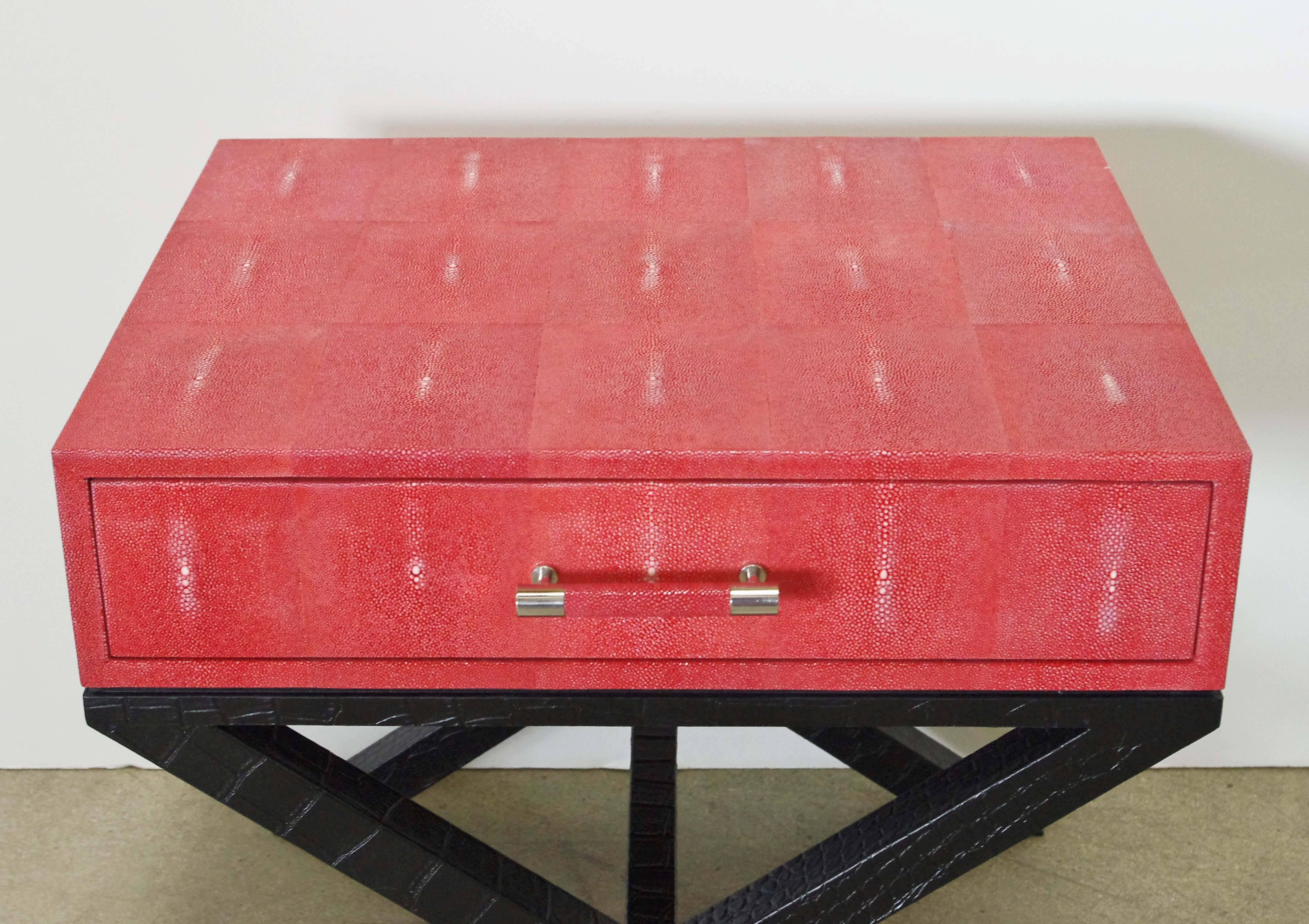 Pressed Pair of Italian Red Shagreen and Black Leather Side Tables