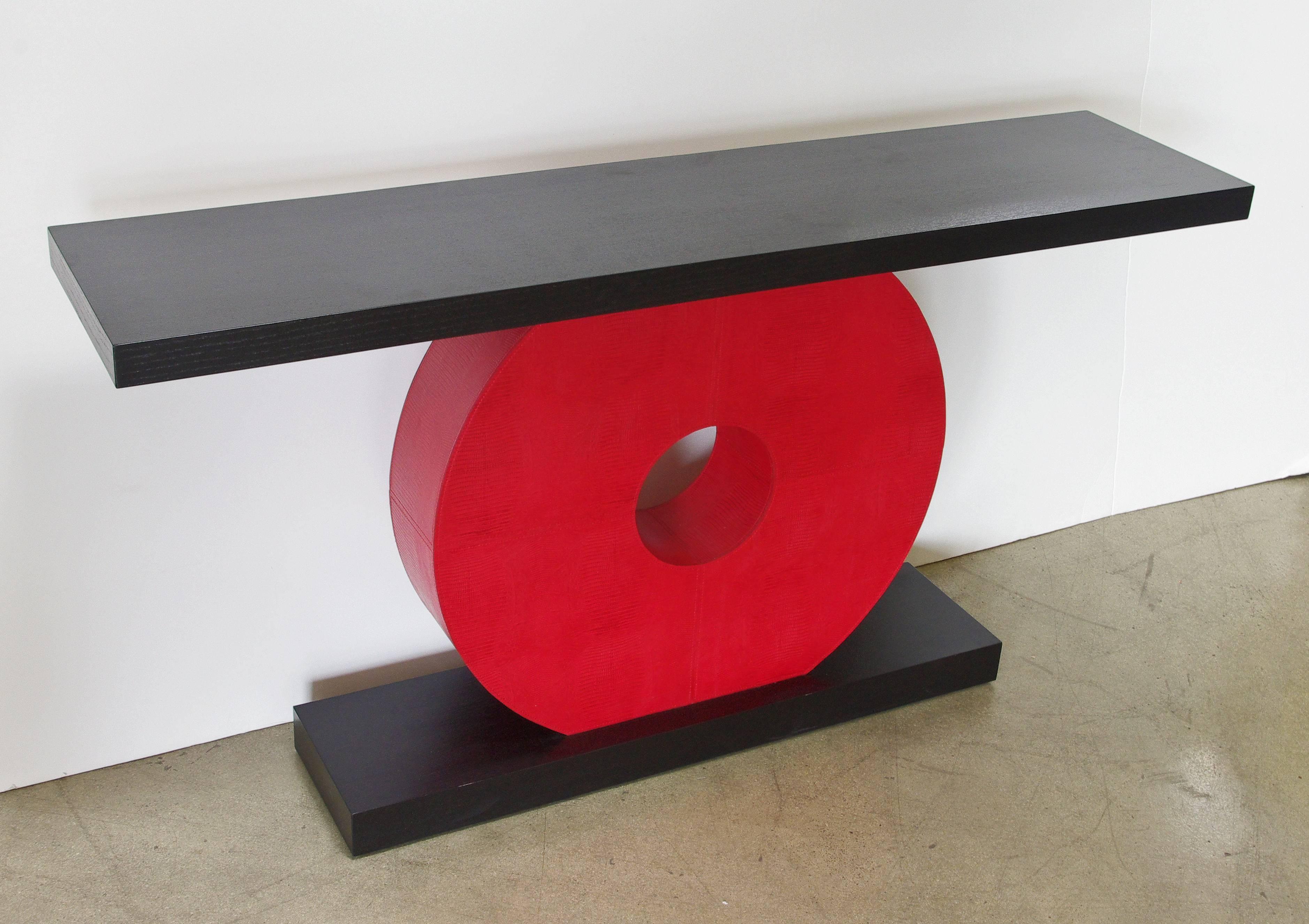 Thai Red Leather and Wood Console Table by Fabio Bergomi