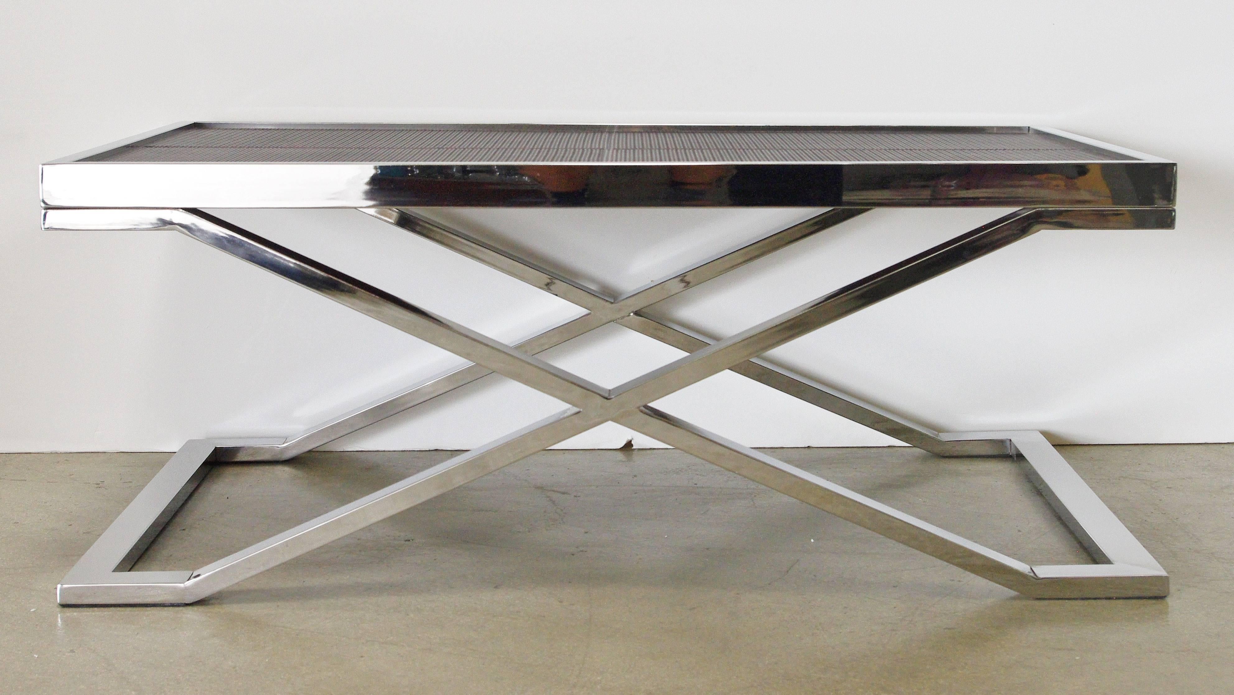 Stainless steel coffee table with dark brown leather with pressed braided effect designed by Fabio Bergomi / Made in Italy
Depth: 24 inches / Width: 39.5 inches / Height: 16 inches 
1 in stock in Palm Springs ON FINAL CLEARANCE SALE for