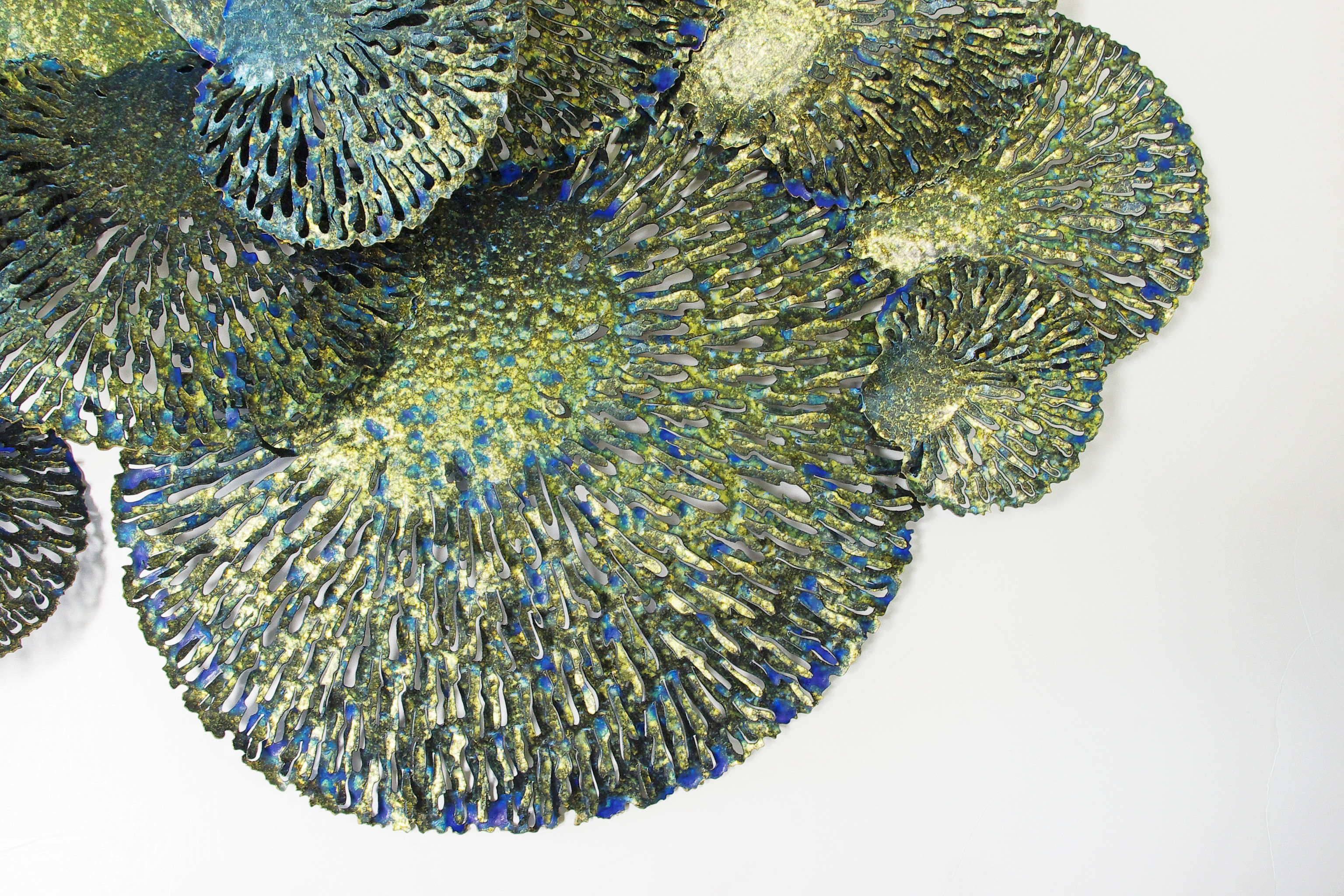 Gold and blue iron coral wall sculpture.
