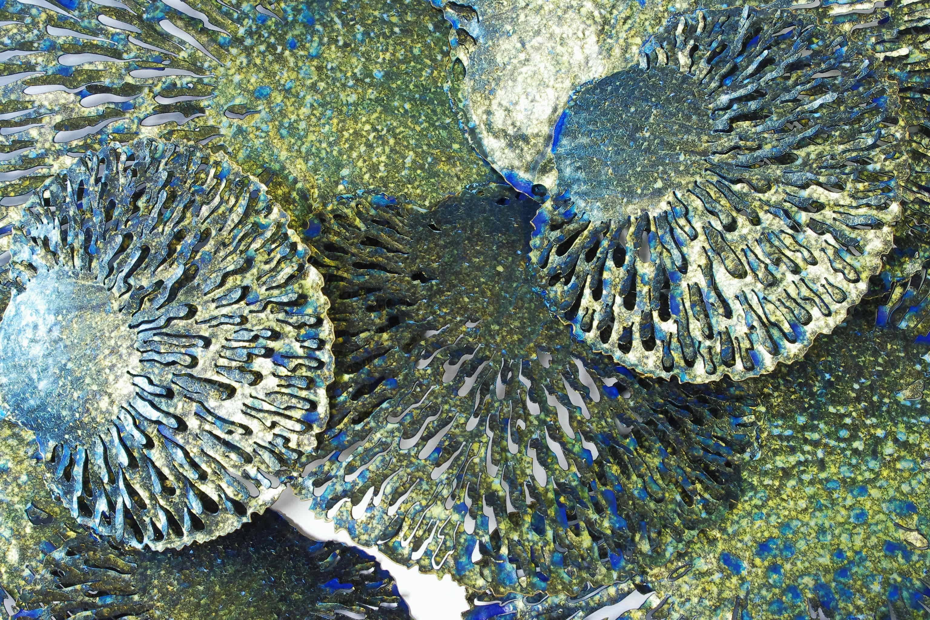 Painted Gold and Blue Iron Coral Wall Sculpture