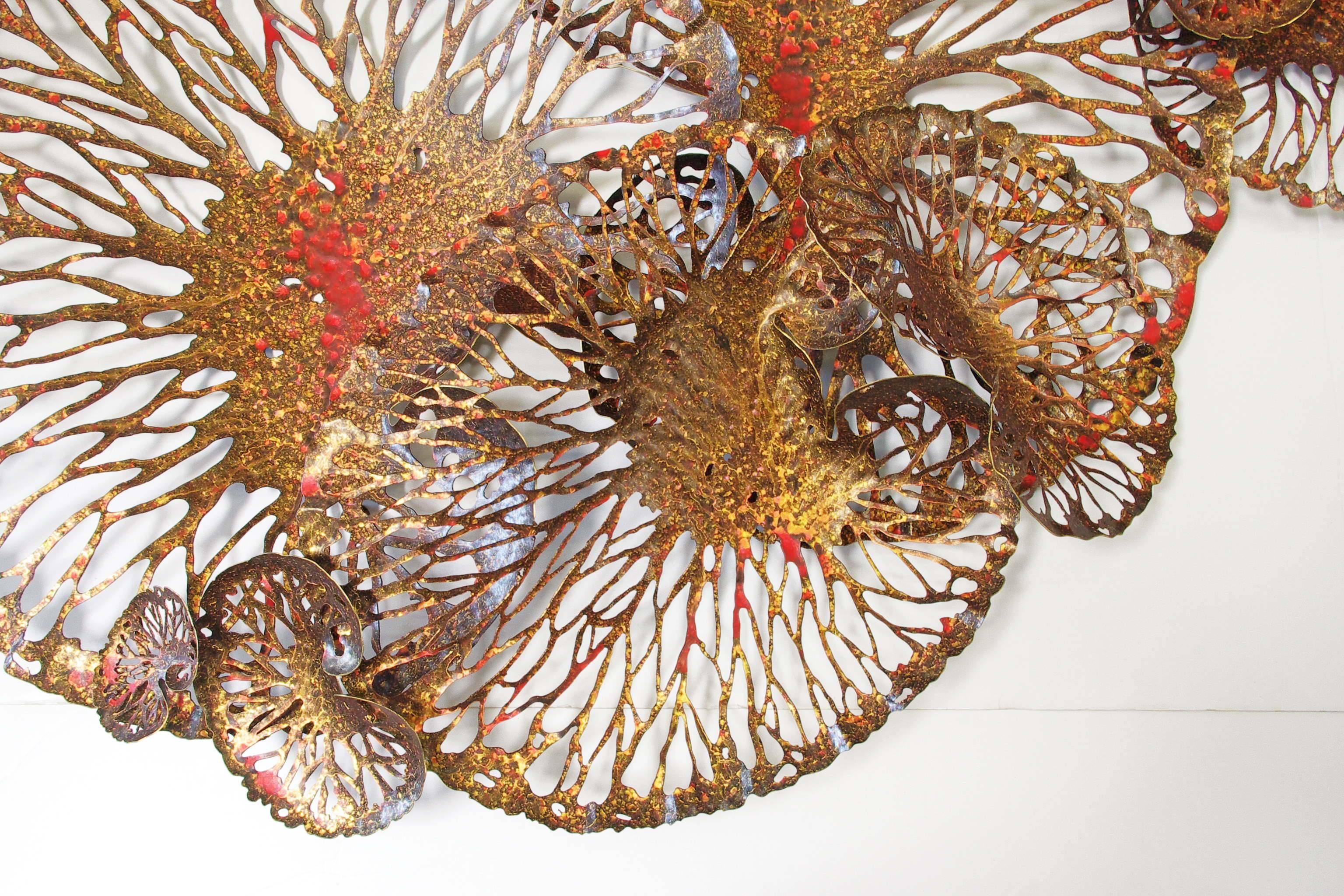 Organic Modern Red and Gold Iron Lotus Wall Sculpture by Fabio Ltd