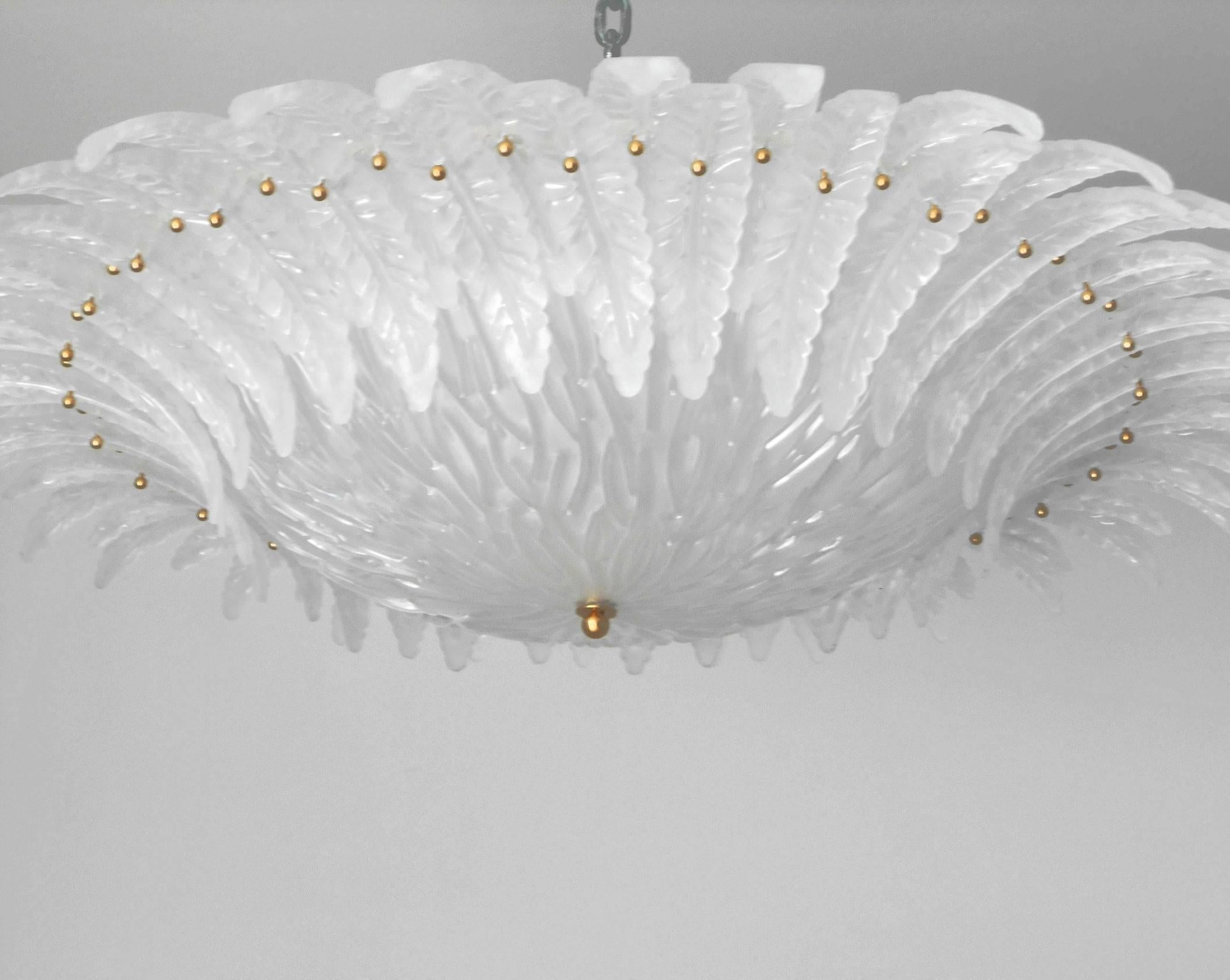 Mid-Century Modern Italian Murano Frosted Palmette Glass Chandelier/Flush Mount by Venini