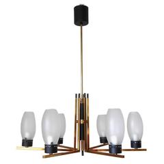 Italian Six Frosted Cones and Brass Chandelier by Stilnovo