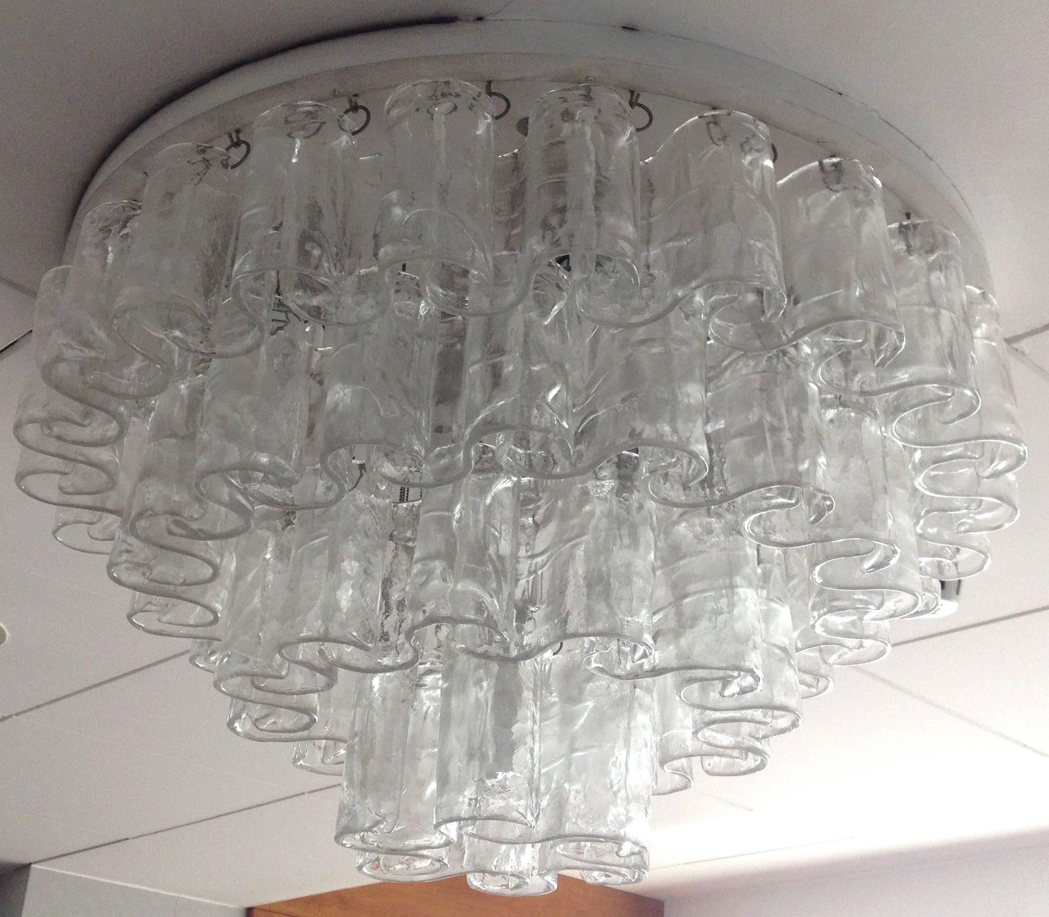 Murano clear waves round chandelier / flush mount by Mazzega. Ten-light sockets / wired for U.S.