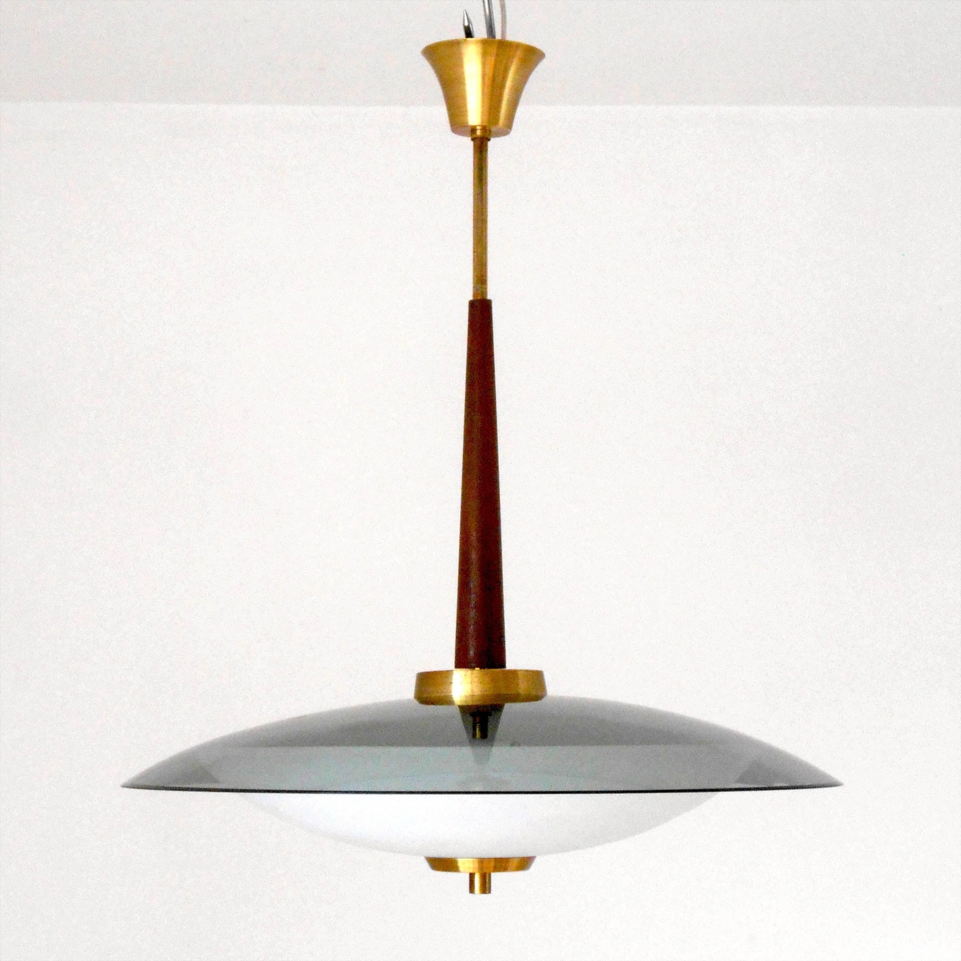 Italian smoky and frosted glass pendant in the style of Fontana Arte. Two light sockets / wired for U.S.