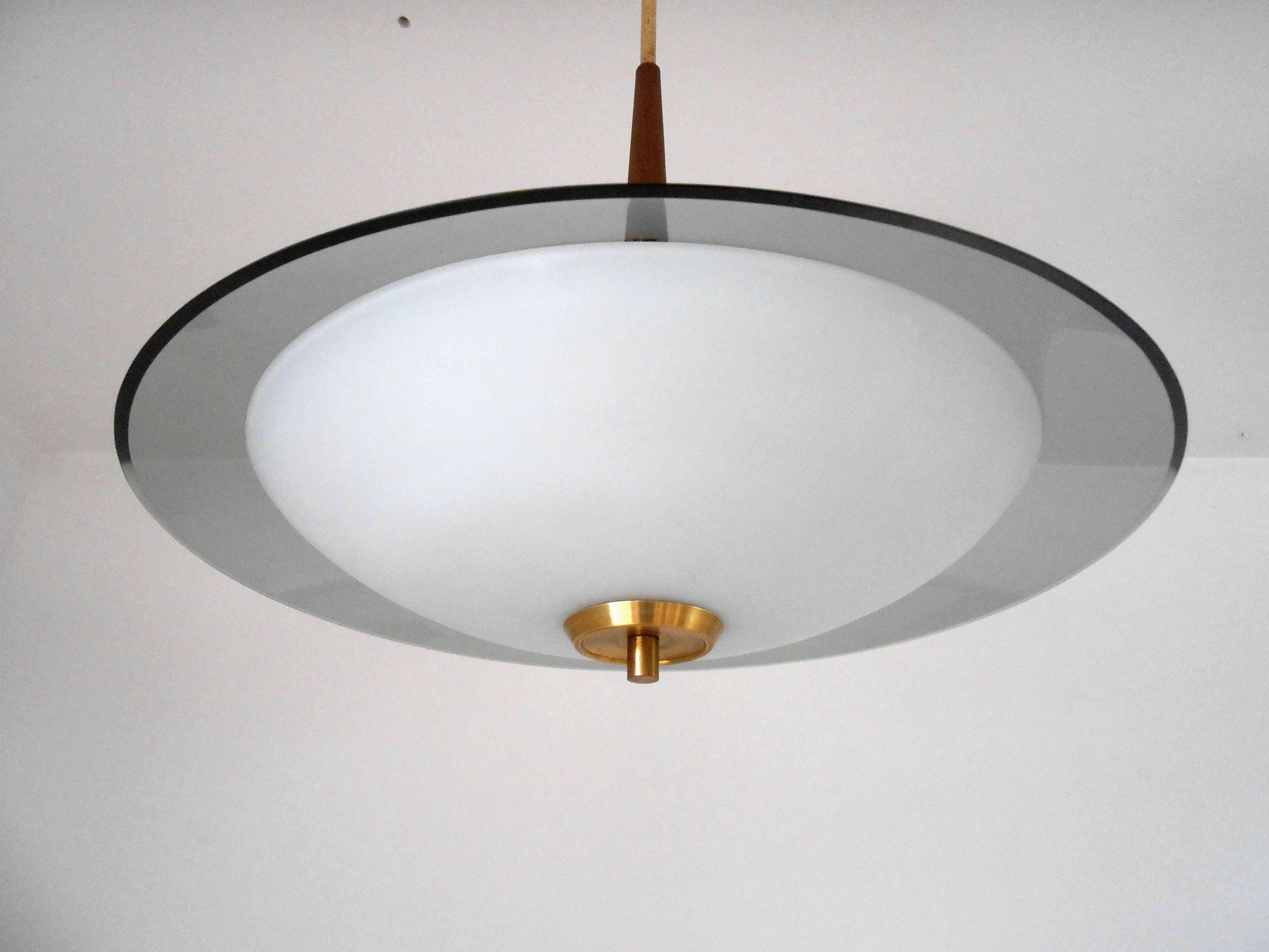 Italian Smoky and Frosted Glass Pendant in the Style of Fontana Arte In Excellent Condition In Los Angeles, CA