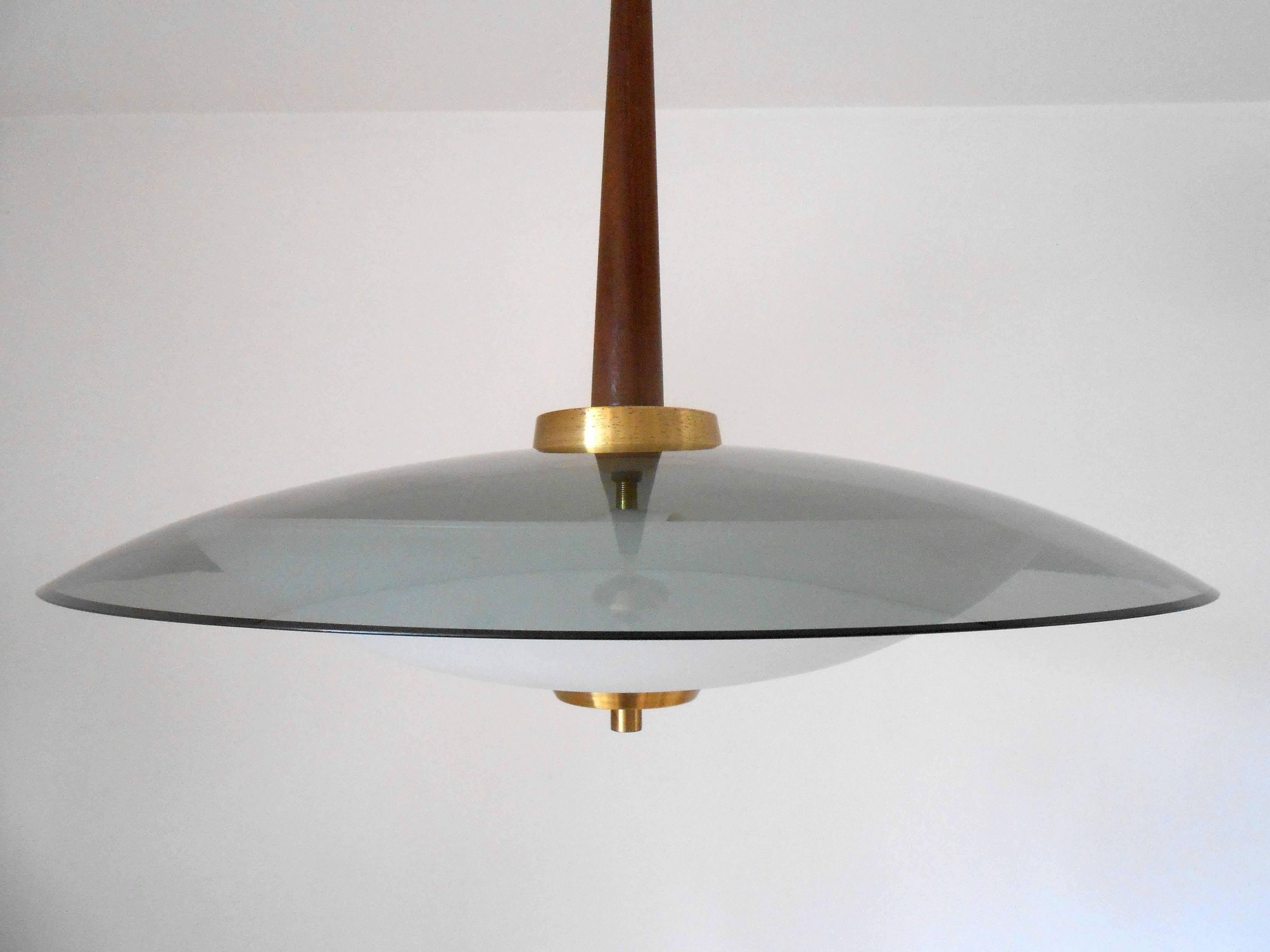Beveled Italian Smoky and Frosted Glass Pendant in the Style of Fontana Arte