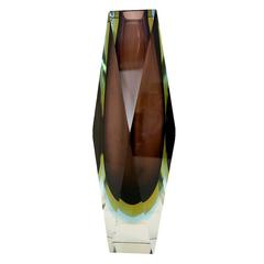 Italian Murano Glass Dark Brown Sommerso Faceted Vase by Mandruzzato 1
