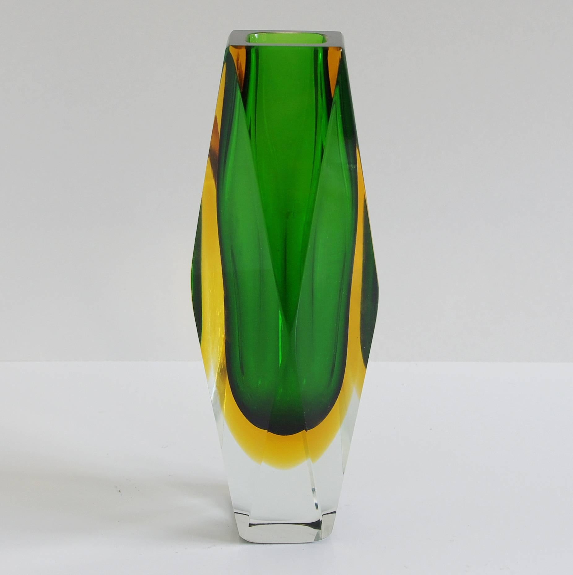 Mid-Century Modern Italian Murano Glass Green and Yellow Sommerso Faceted Vase by Mandruzzato