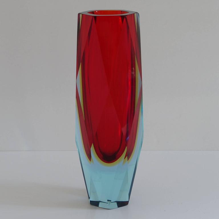 Italian Murano Glass Red Sommerso Faceted Vase By