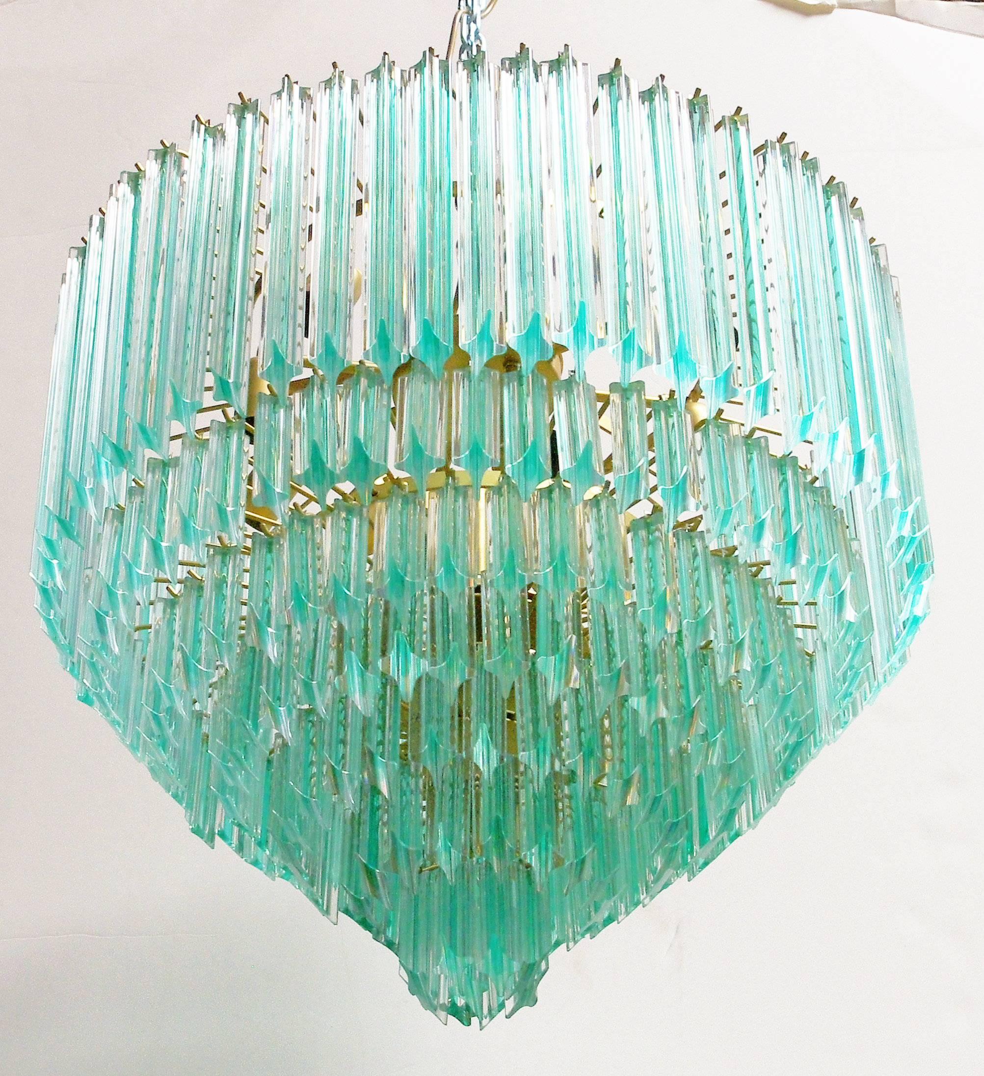 Mid-Century Modern Italian Murano Quadriedri Crystals Chandelier with Aquamarine Stripe by Venini