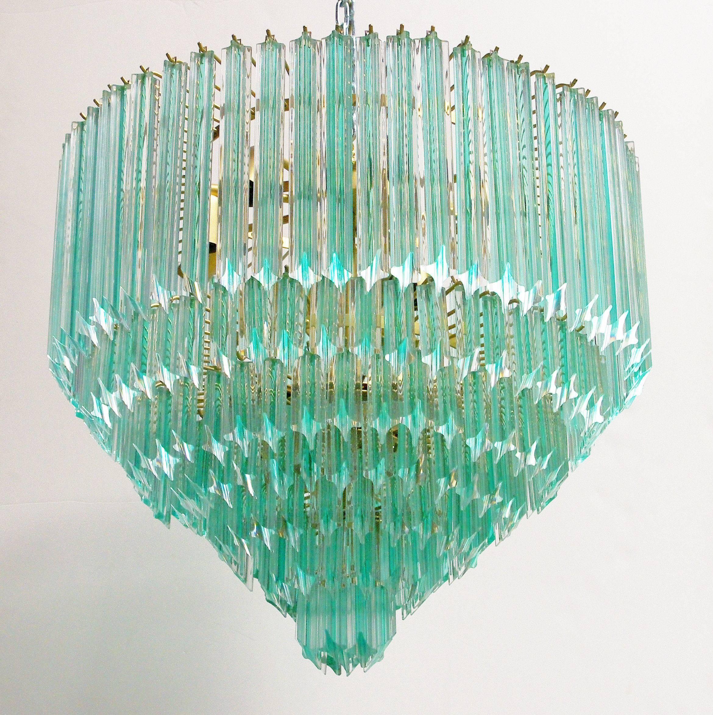 Murano quadriedri crystals chandelier with aquamarine stripe by Venini. Eleven-light sockets / wired for U.S.