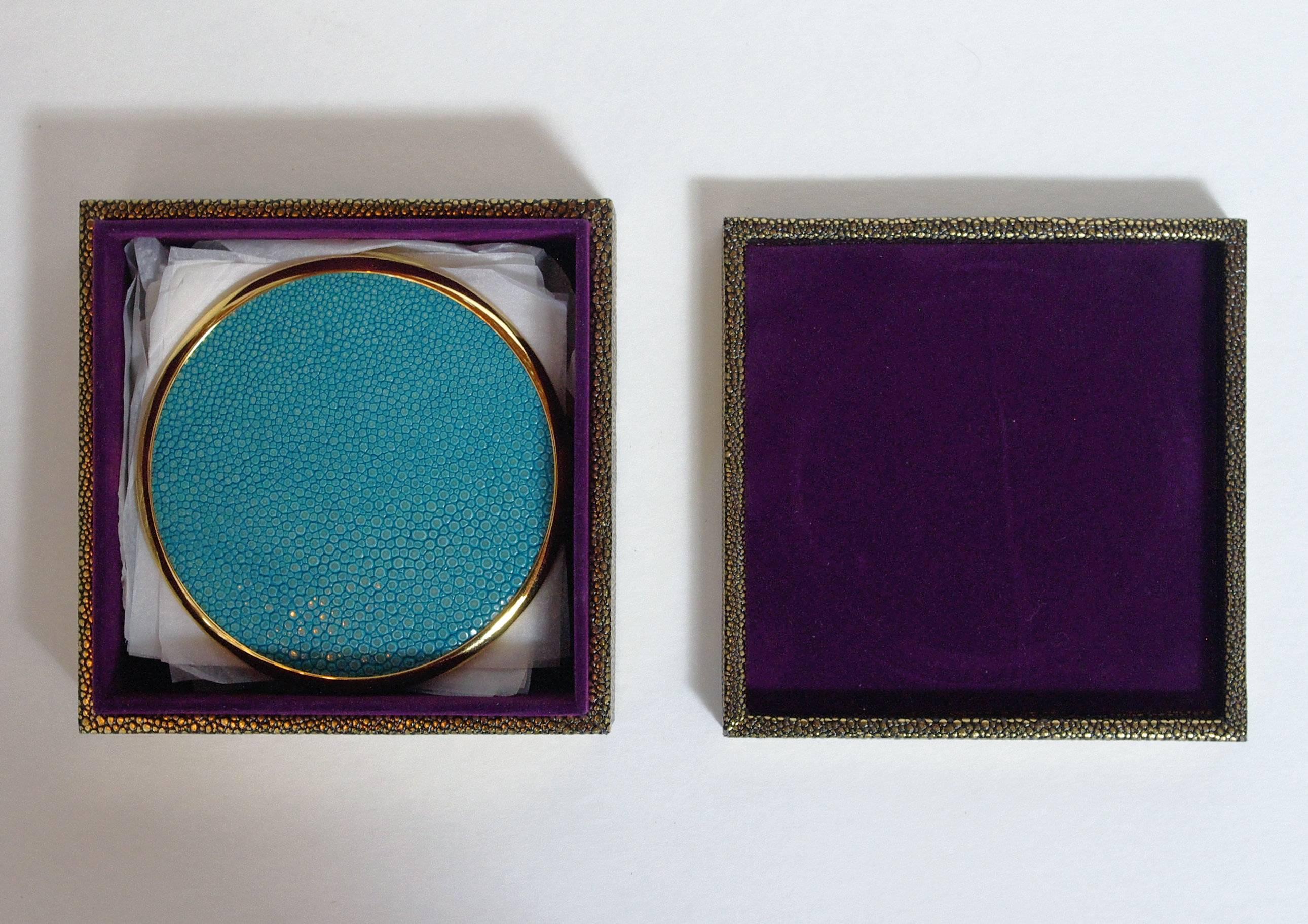 Set of four-piece gold-plated coasters with turquoise shagreen by Fabio Bergomi.