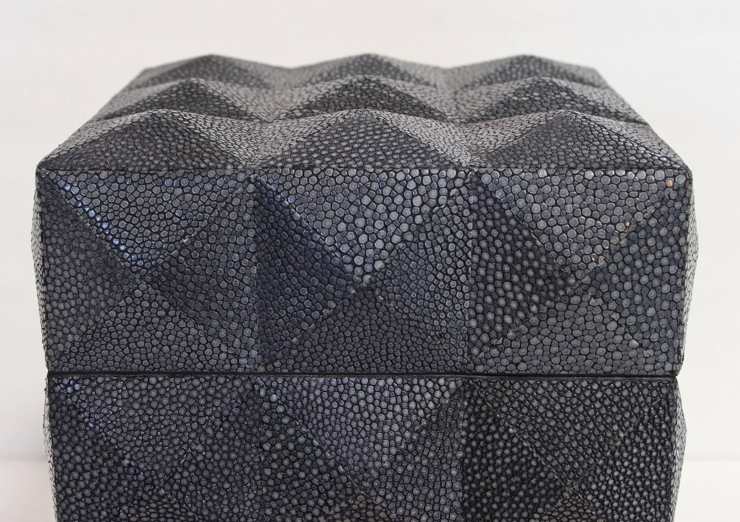 Italian black Shagreen box with four sided pyramid pattern 
Designed by Fabio Bergomi for Fabio Ltd / Made in Italy 
Height: 8 inches / Width: 6 inches /Depth: 6 inches
1 in stock in Palm Springs currently ON 30% OFF SALE for $1,259!!!
Order