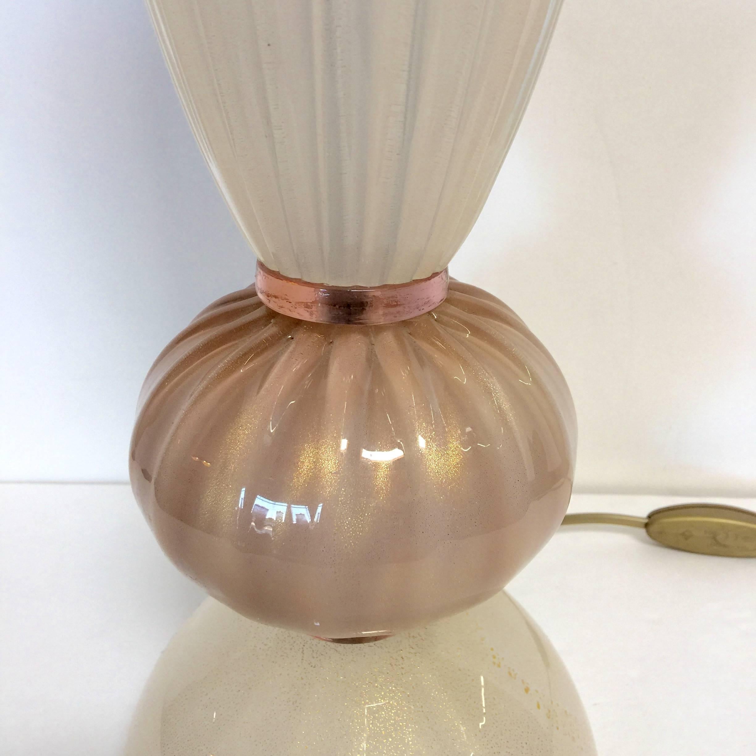 Mid-Century Modern Pair of Murano Pink and Cream Stem Table Lamps