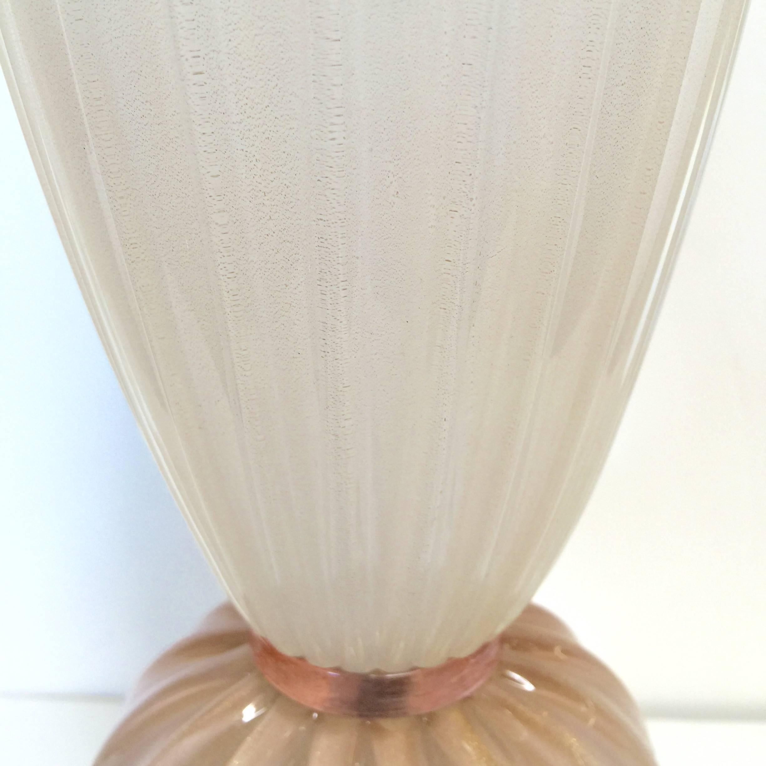 Italian Pair of Murano Pink and Cream Stem Table Lamps