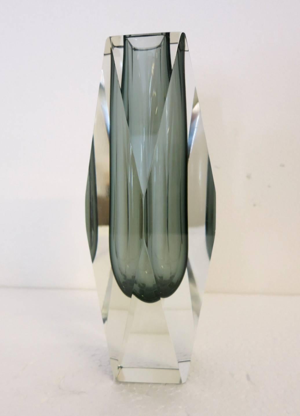 Italian smoky gray Murano glass faceted vase, with Sommerso technique.