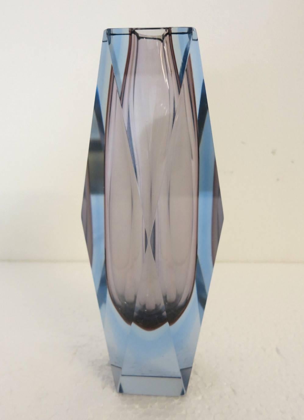 Italian amethyst and blue Murano glass faceted vase, with Sommerso technique.