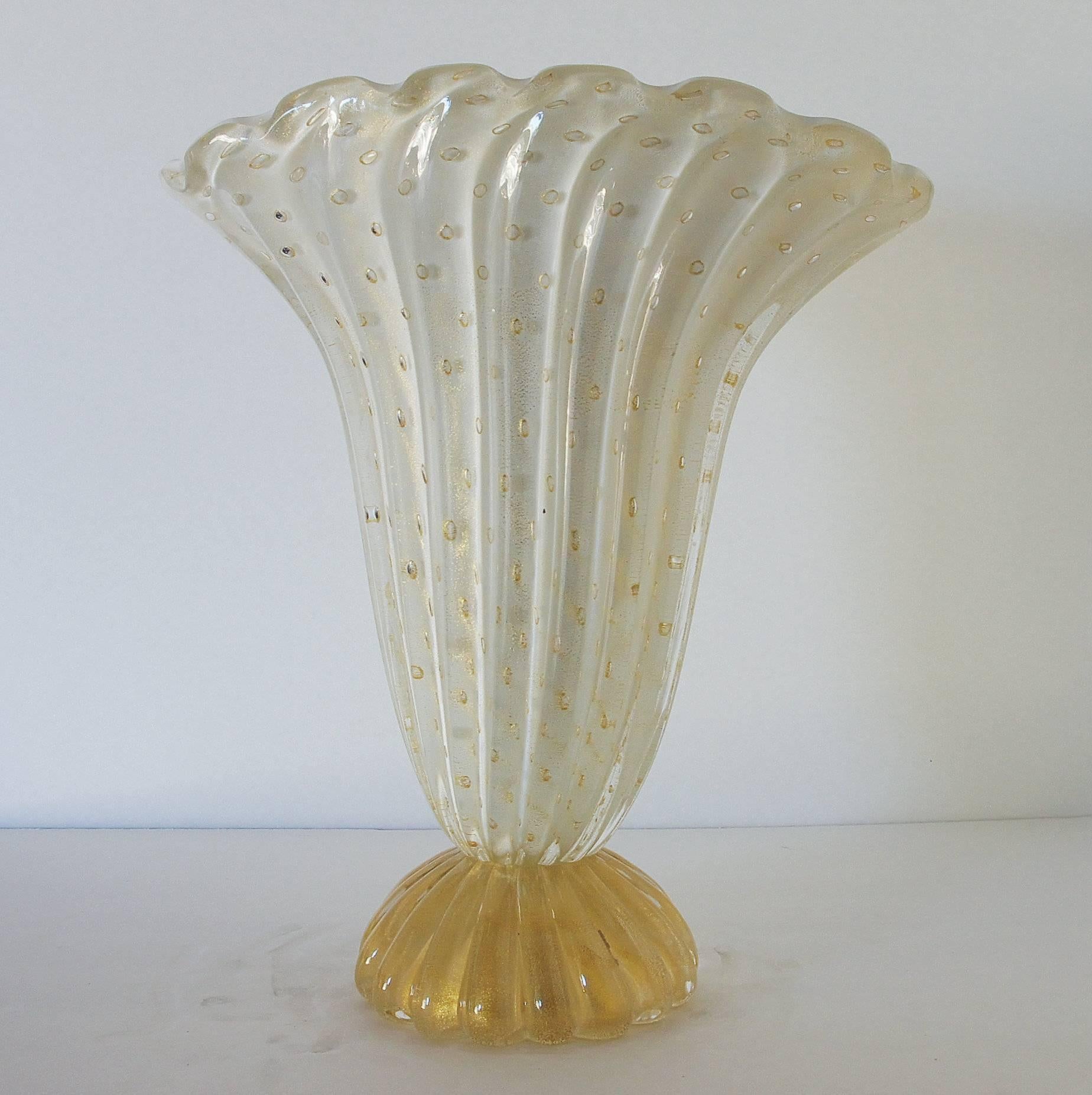 Vintage Italian white Murano glass vase blown in Bollicine technique (little bubbles) and infused with gold flecks
Made in Italy in the 1960’s
Height: 15 inches / Width: 12 inches / Depth: 8 inches 
1 in stock in Palm Springs currently ON 40% OFF