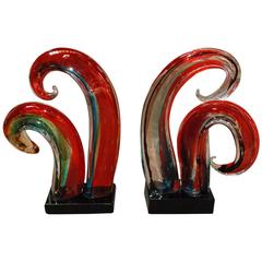 Pair of Italian Murano Glass Waves Sculptures by Sergio Costantini