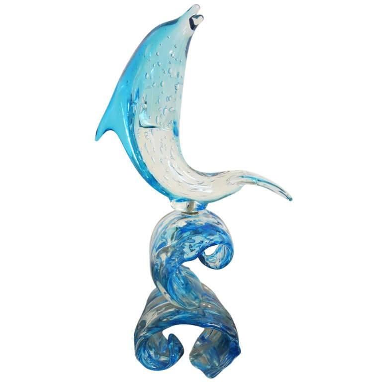 Dolphin on Wave Murano Glass Sculpture by Sergio Costantini