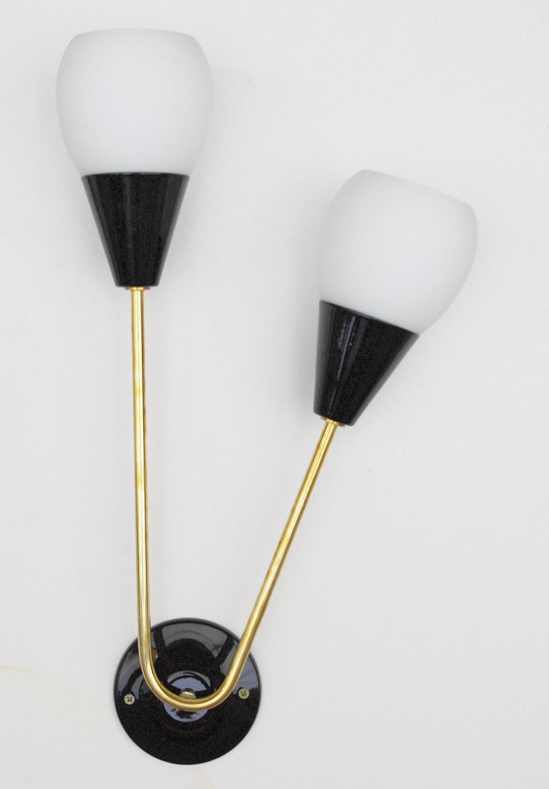 Limited Edition Italian wall lights with frosted white Murano glasses and black enameled brass, mounted on brass frames/ Designed by Fabio Bergomi for Fabio Ltd / Made in Italy 
2 lights / E12 or E14 type / max 40W each
Height: 21.5 inches / Width: