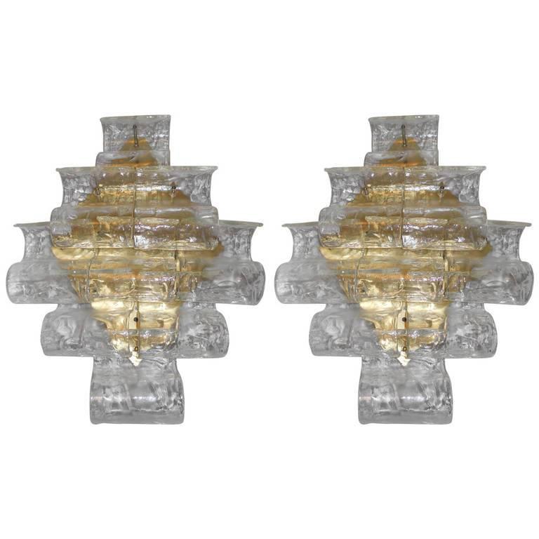 Pair of Murano Clear Waves Sconces by Mazzega