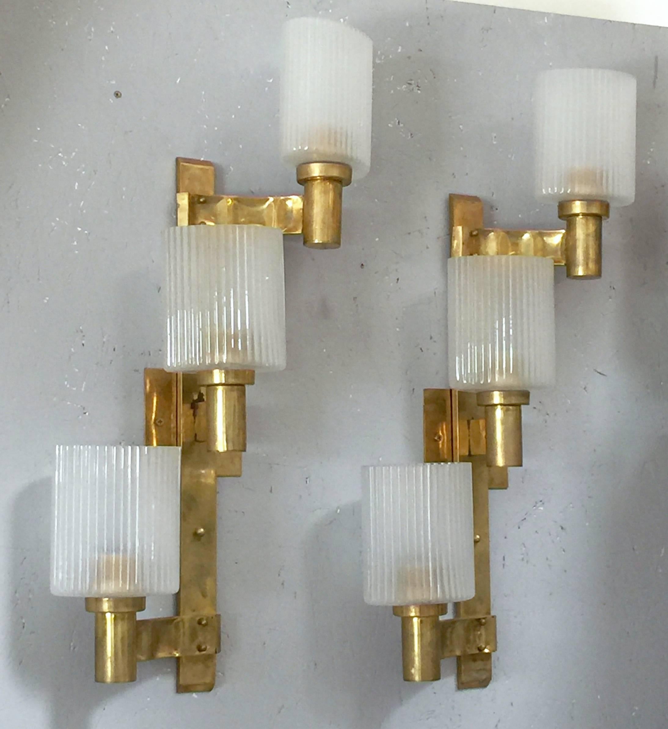 Frosted Pair of Ribbed Sconces by Stilnovo