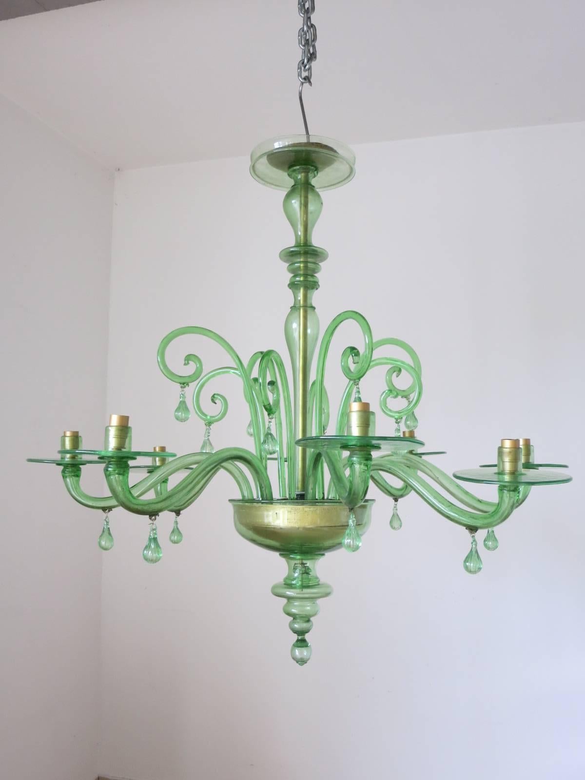 Rococo Emerald Green Murano Glass Chandelier by Venini