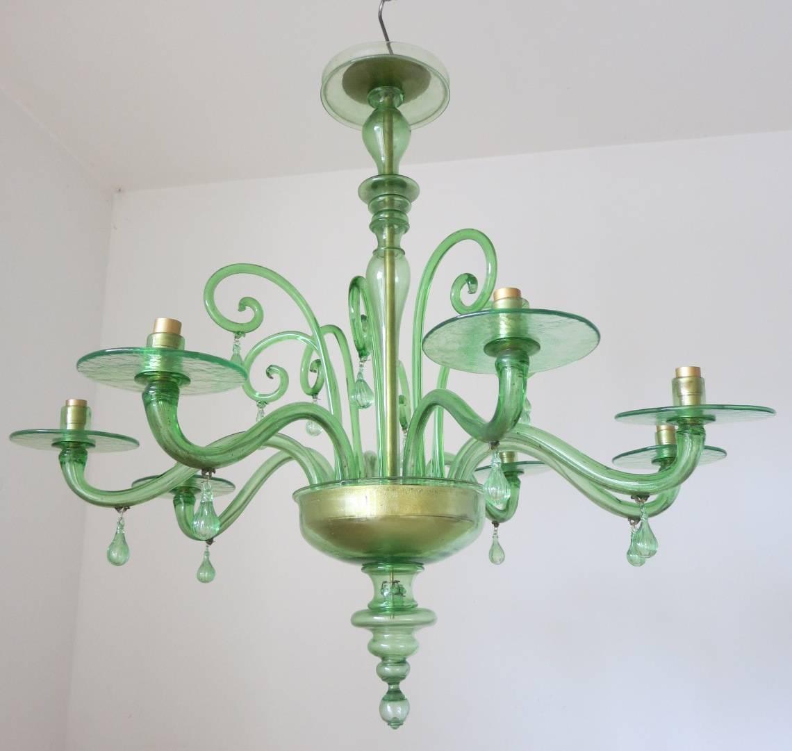Italian Emerald Green Murano Glass Chandelier by Venini