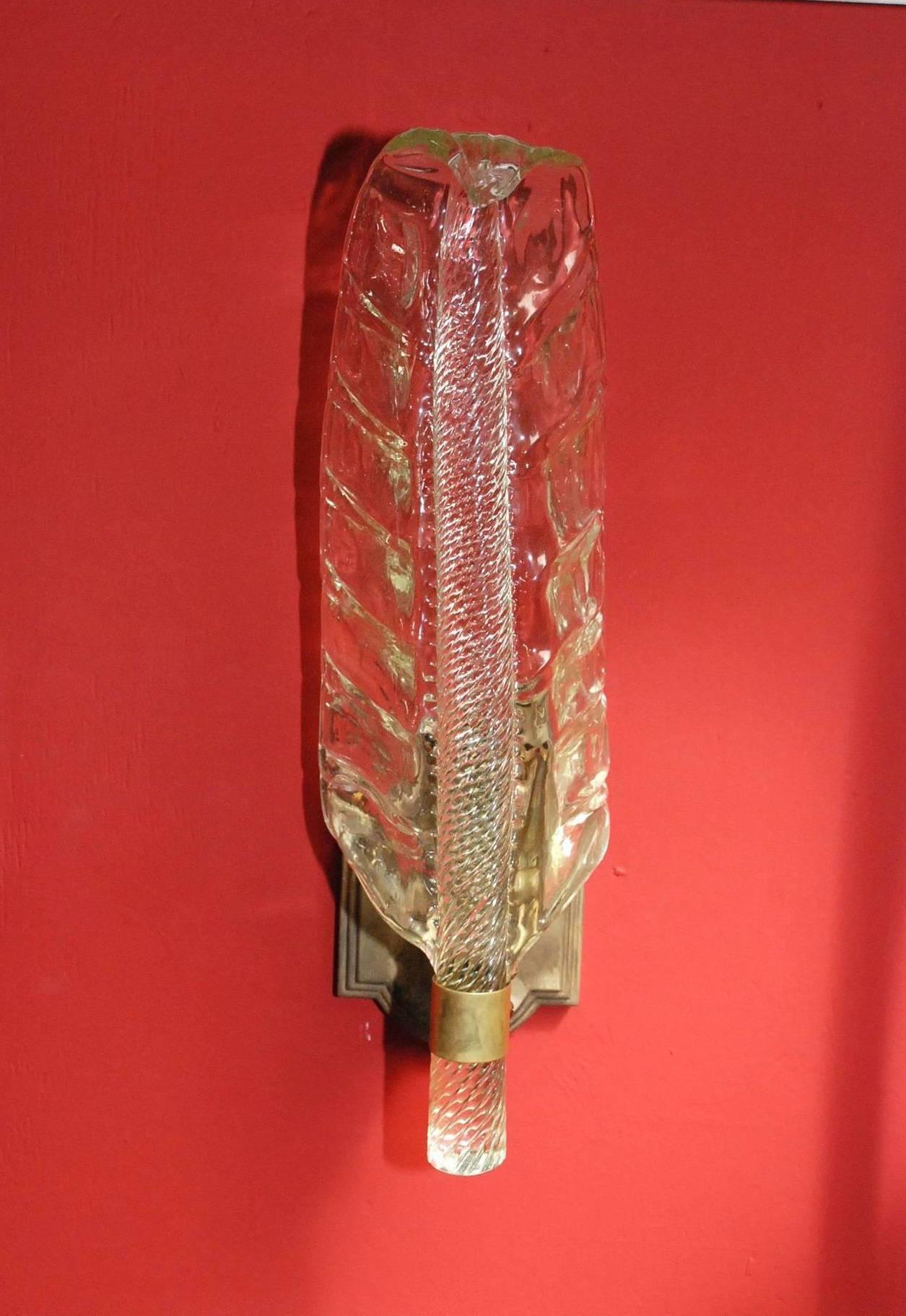 Pair of Murano Glass Leaf Sconces by Barovier e Toso In Good Condition In Los Angeles, CA