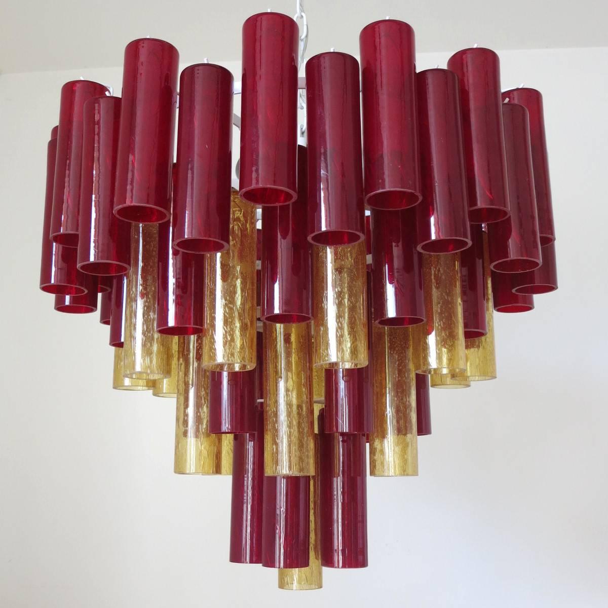 20th Century Italian Murano Glass Red and Amber Cylinders Chandelier