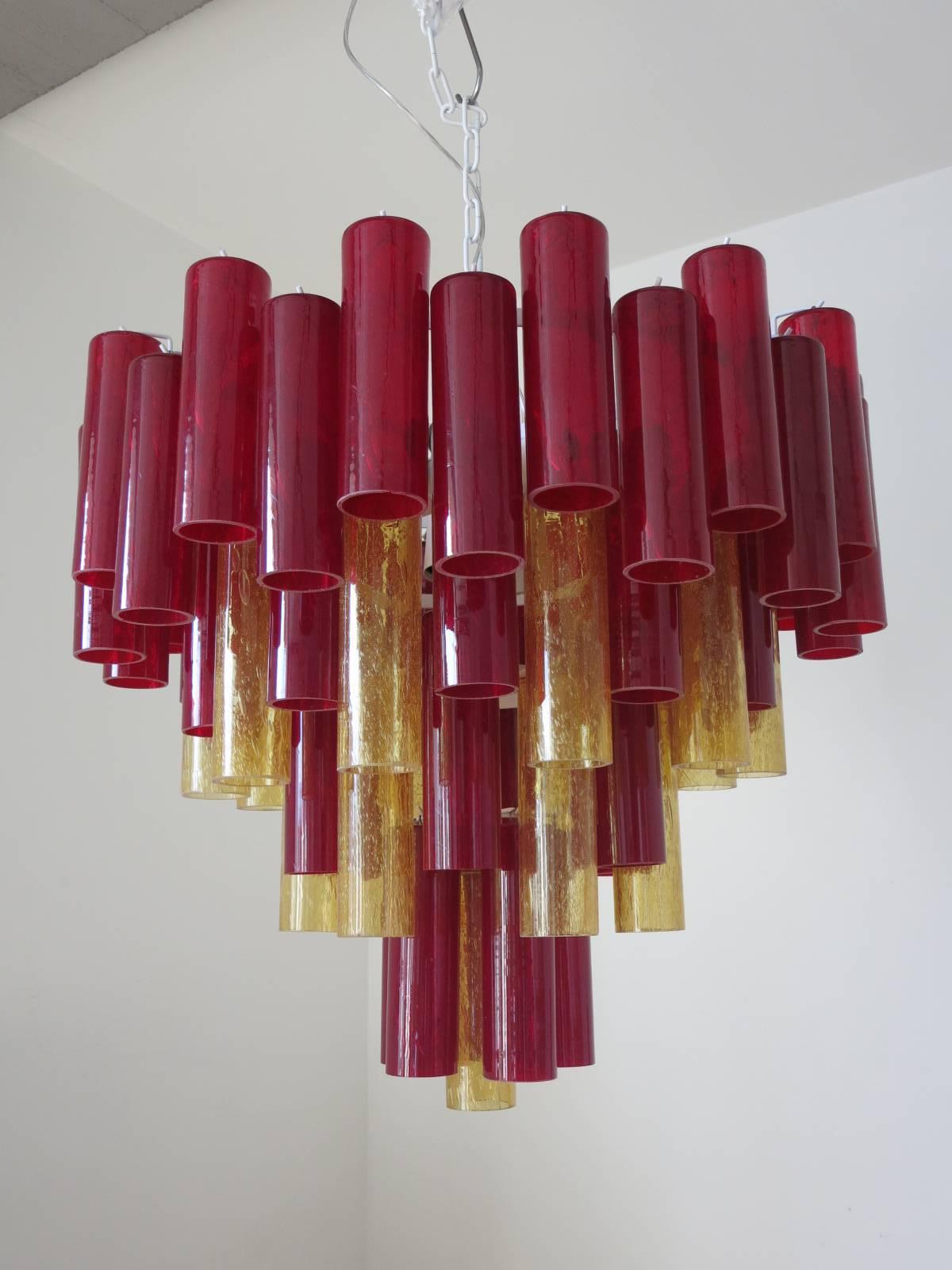 Italian Murano Glass Red and Amber Cylinders Chandelier In Excellent Condition In Los Angeles, CA