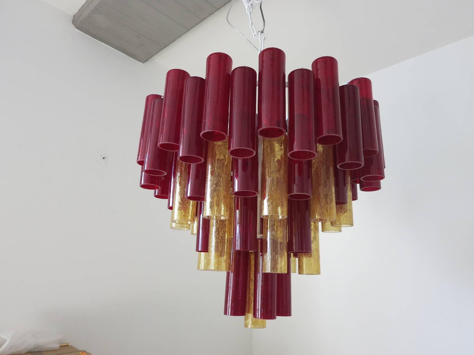 Mid-Century Modern Italian Murano Glass Red and Amber Cylinders Chandelier