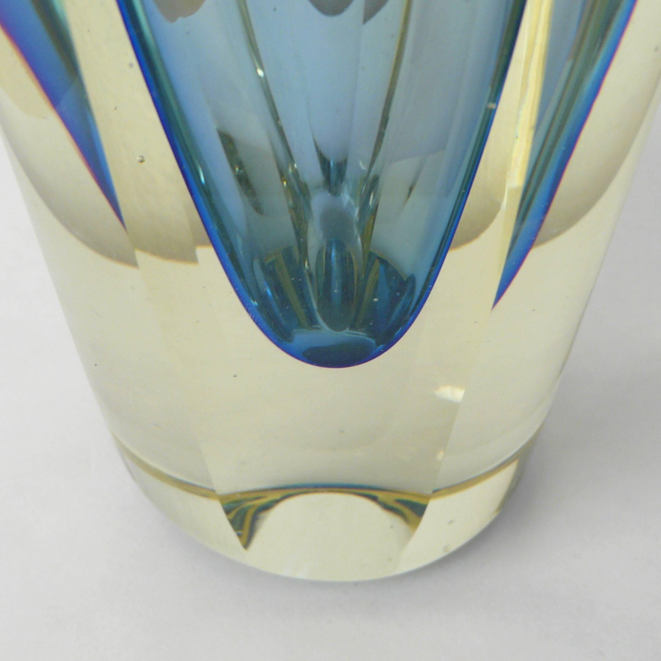 Tall Murano glass blue vase by Mandruzzato. Sommerso and etched techniques. Thick glass in perfect condition. Can be used as a vase or sculpture.