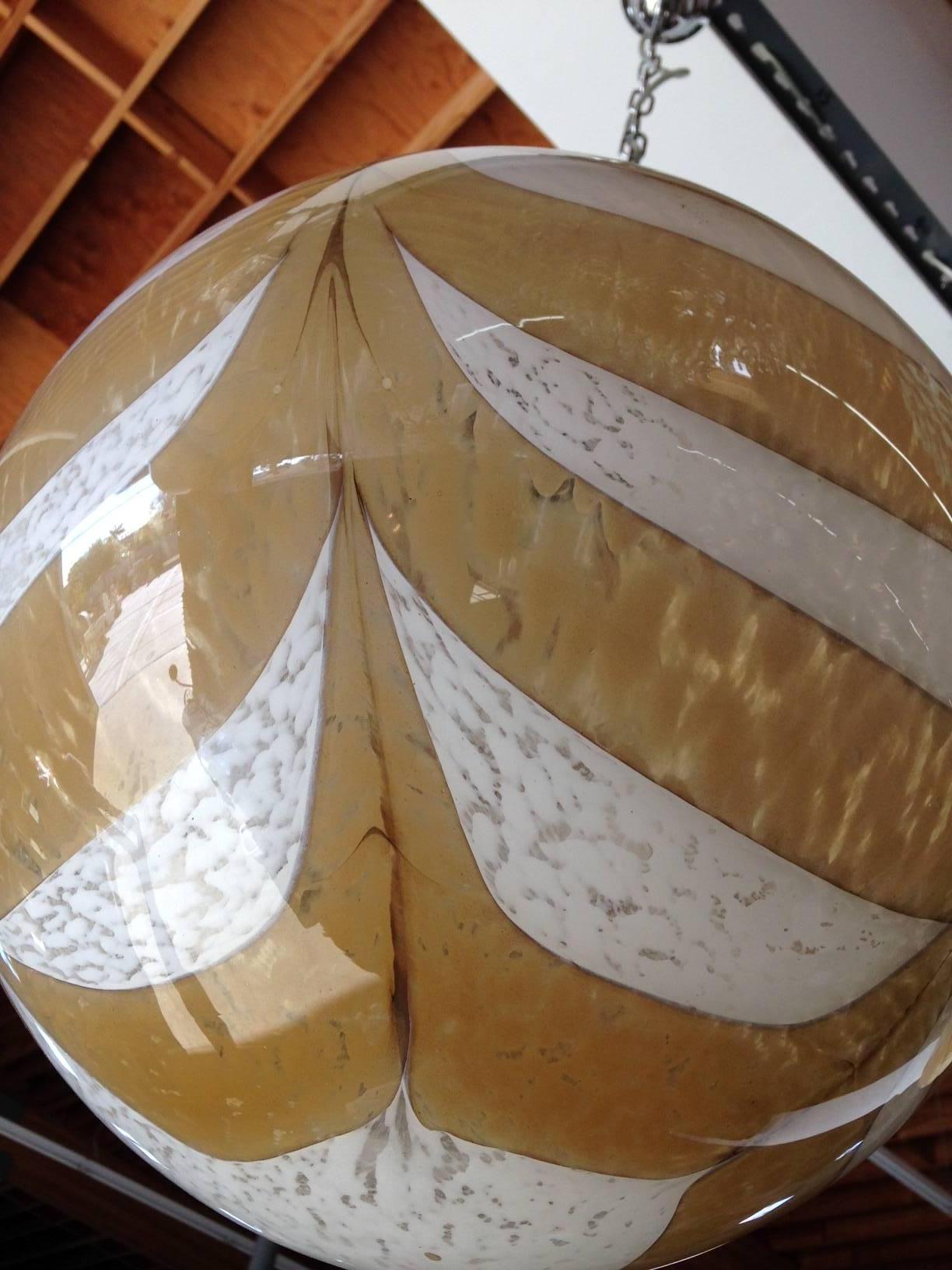 Mid-Century Modern Italian Murano Glass Amber and White Globe Pendant