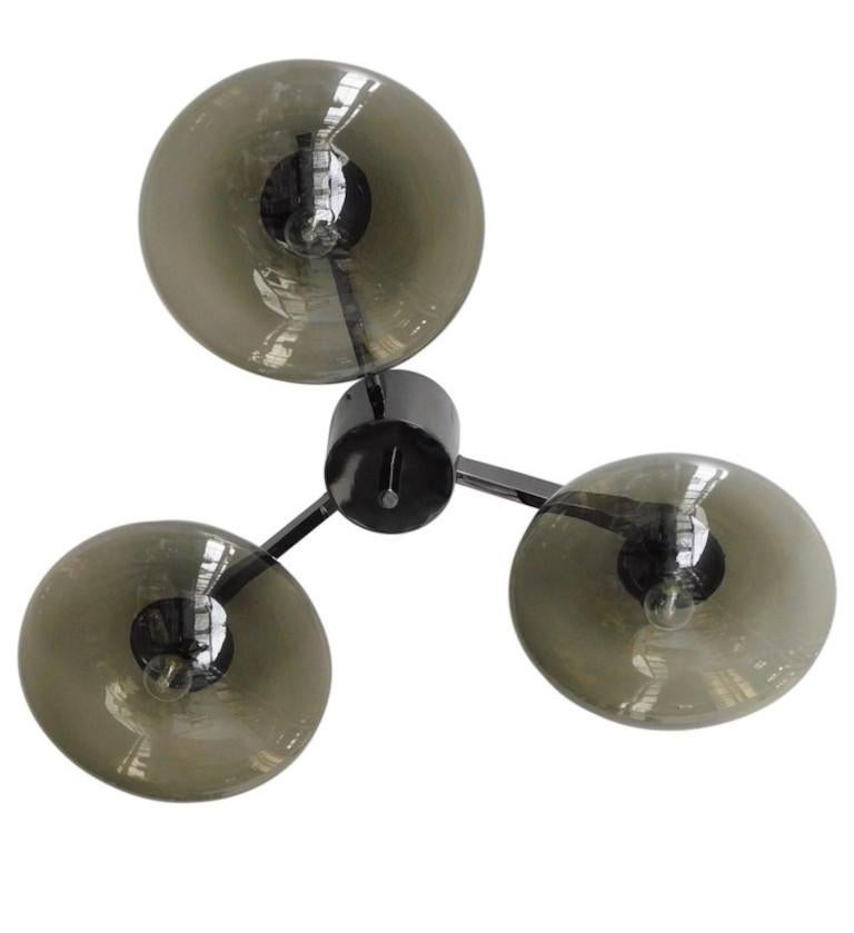 Italian flush mount with Murano glass shades mounted on solid brass frame / Designed by Fabio Bergomi / Made in Italy
3 lights / E12 or E14 type / max 40W each 
Diameter: 35.5 inches / Height: 7.5 inches
Order only / This item ships from
