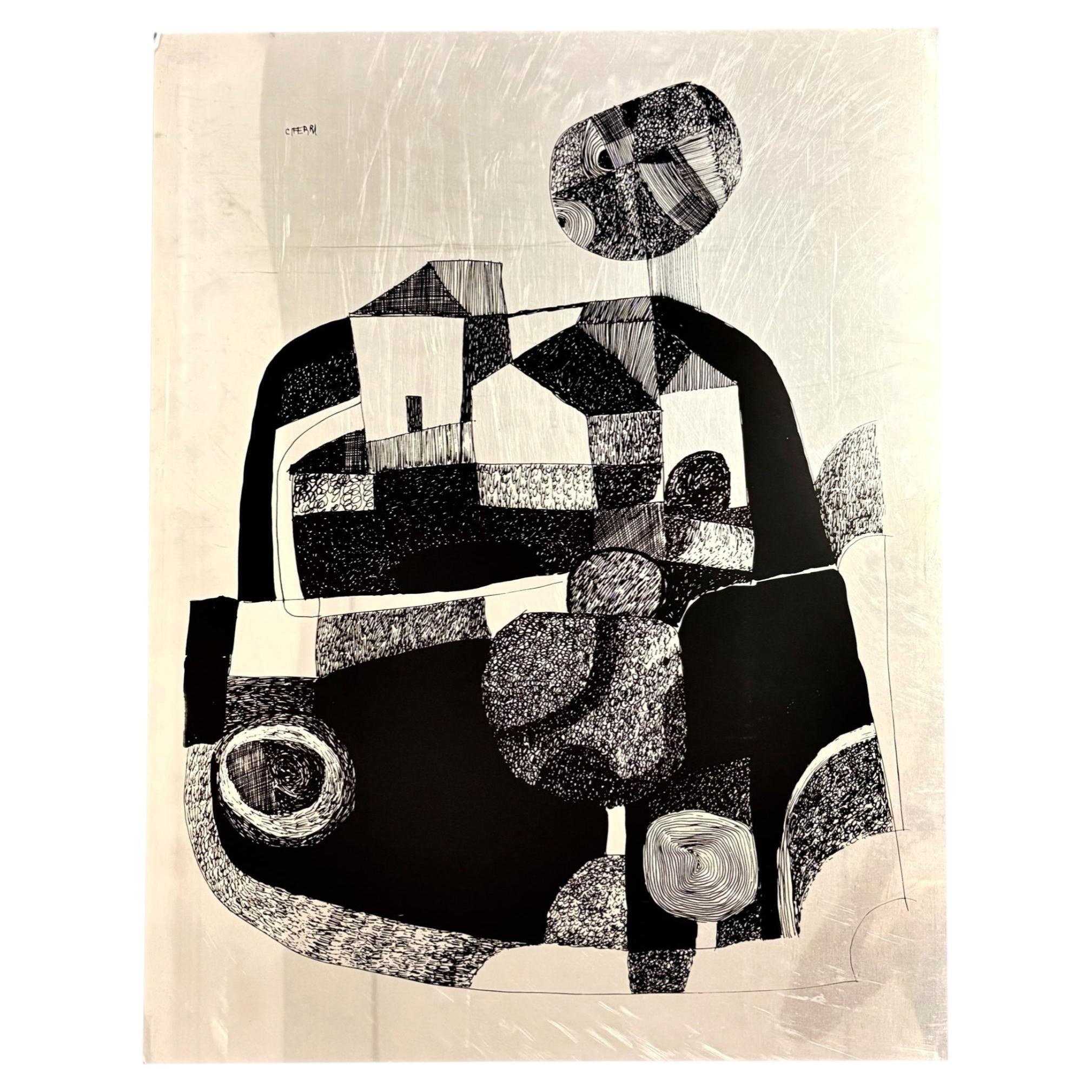 Sérigraphie abstraite représentant un paysage sur métal, de Gian Maria Ciferri, Italie, années 1970