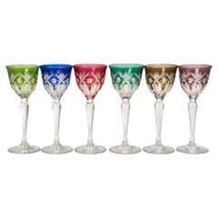 Set of 6 Bohemian Crystal Colored Cut Crystal Hock Wine Glasses, 1960s