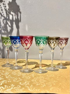 Set of 6 Bohemian Crystal Colored Cut Crystal Hock Wine Glasses, 1960s