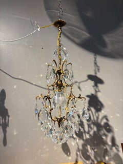 Antique Brass and Crystal Italian Cage Chandelier, 1950s