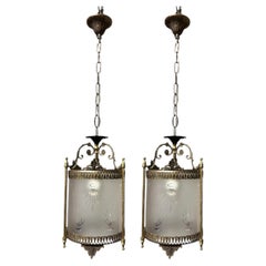 Pair of Italian Art Deco Brass and Etched Glass Hanging Lanterns, circa 1930